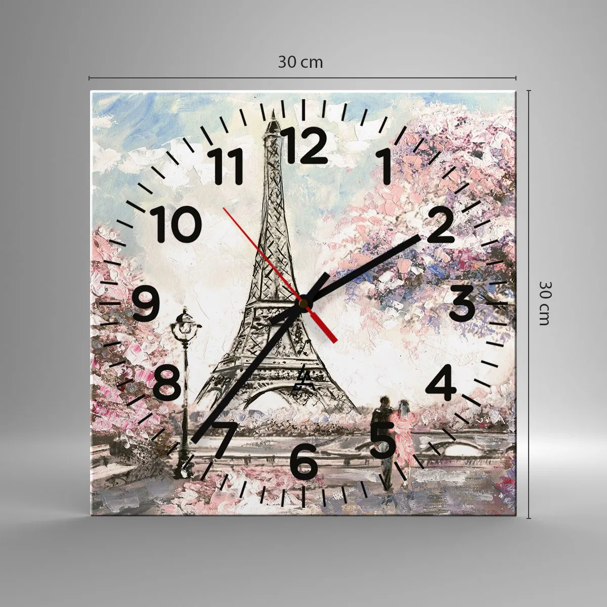 Ceas de perete - Ceas pe sticlă - Plimbare în aprilie la Paris - 30x30 cm