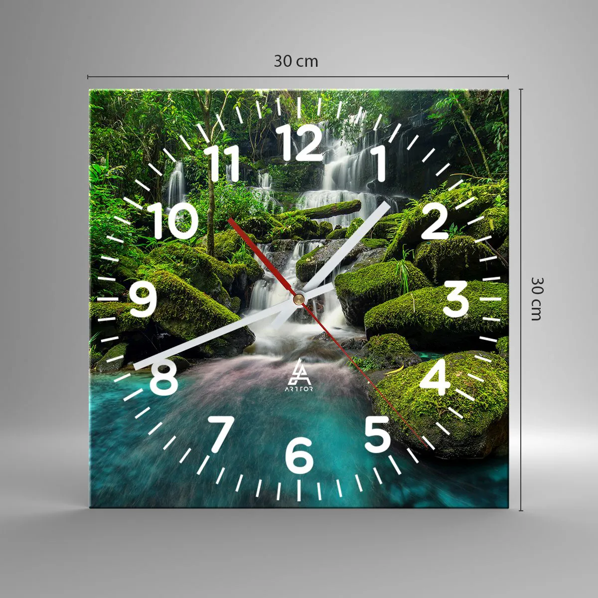 Wanduhr - Glasuhr - Türkis, Saphire und flüssiges Silber - 30x30 cm