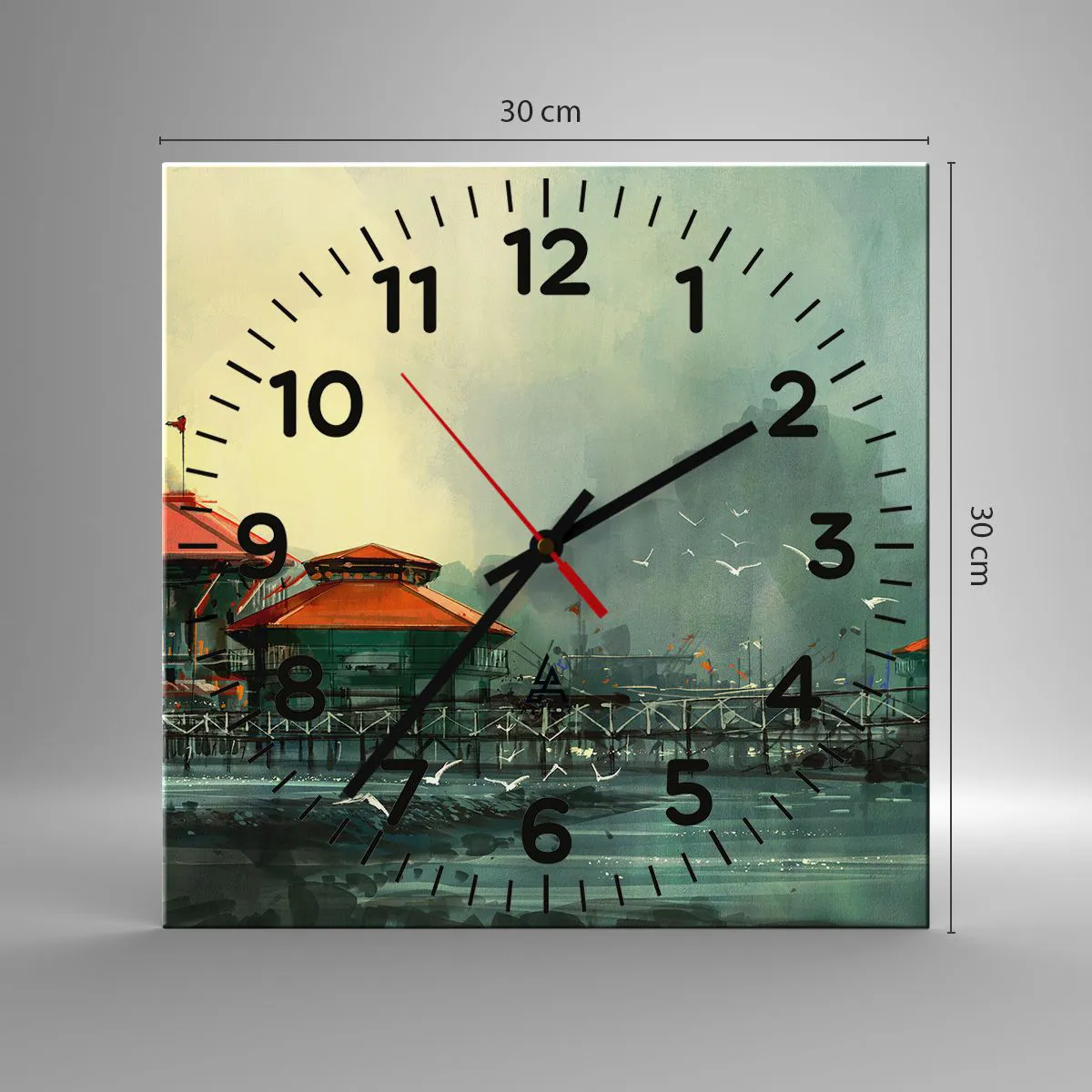 Ceas de perete - Ceas pe sticlă - O zi ploioasă în port - 30x30 cm