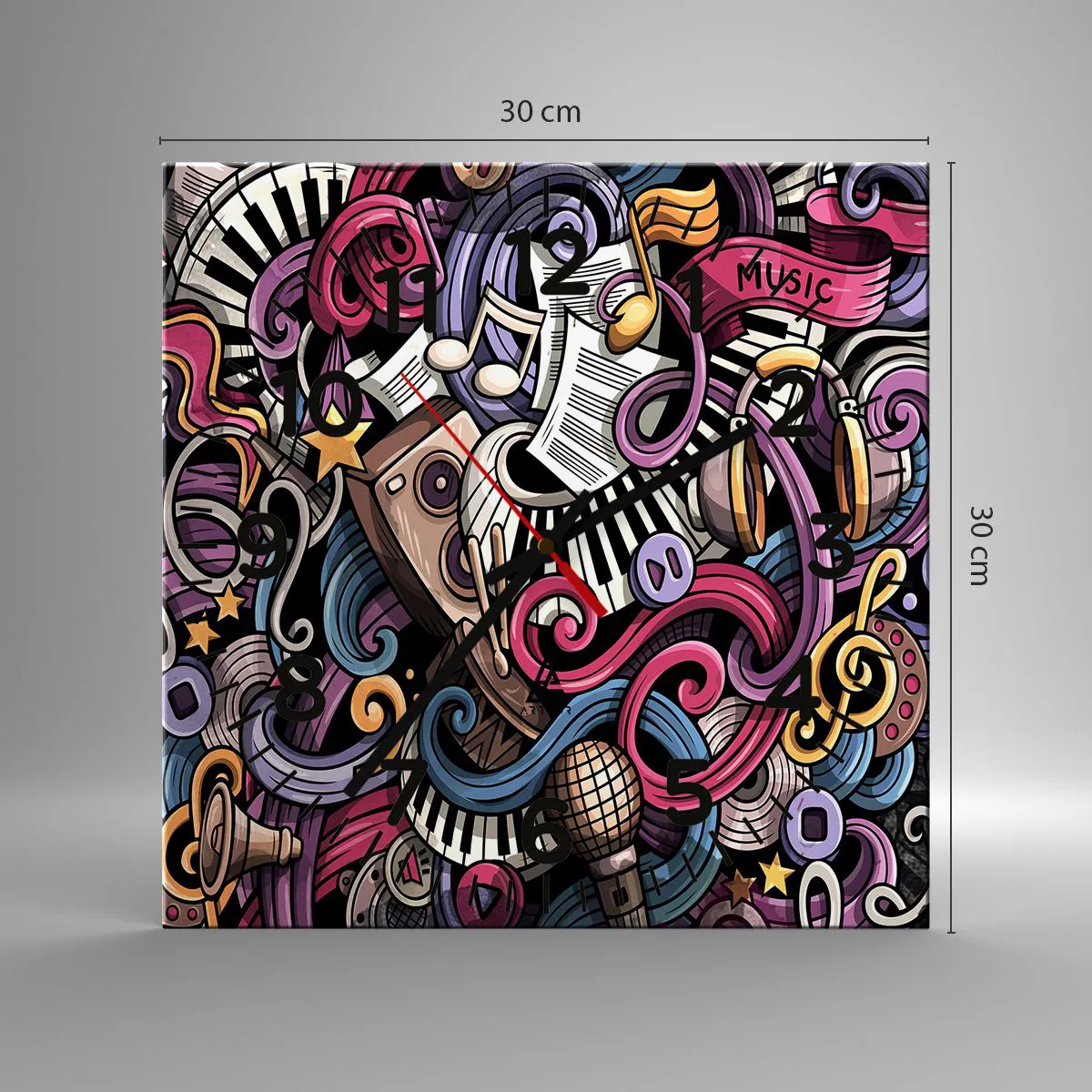 Ceas de perete - Ceas pe sticlă - Melodie complicată - 30x30 cm