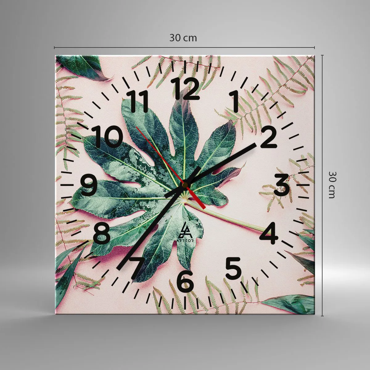 Relógio de parede - Relógio em vidro - Estudo do verde em um fundo rosa - 30x30 cm