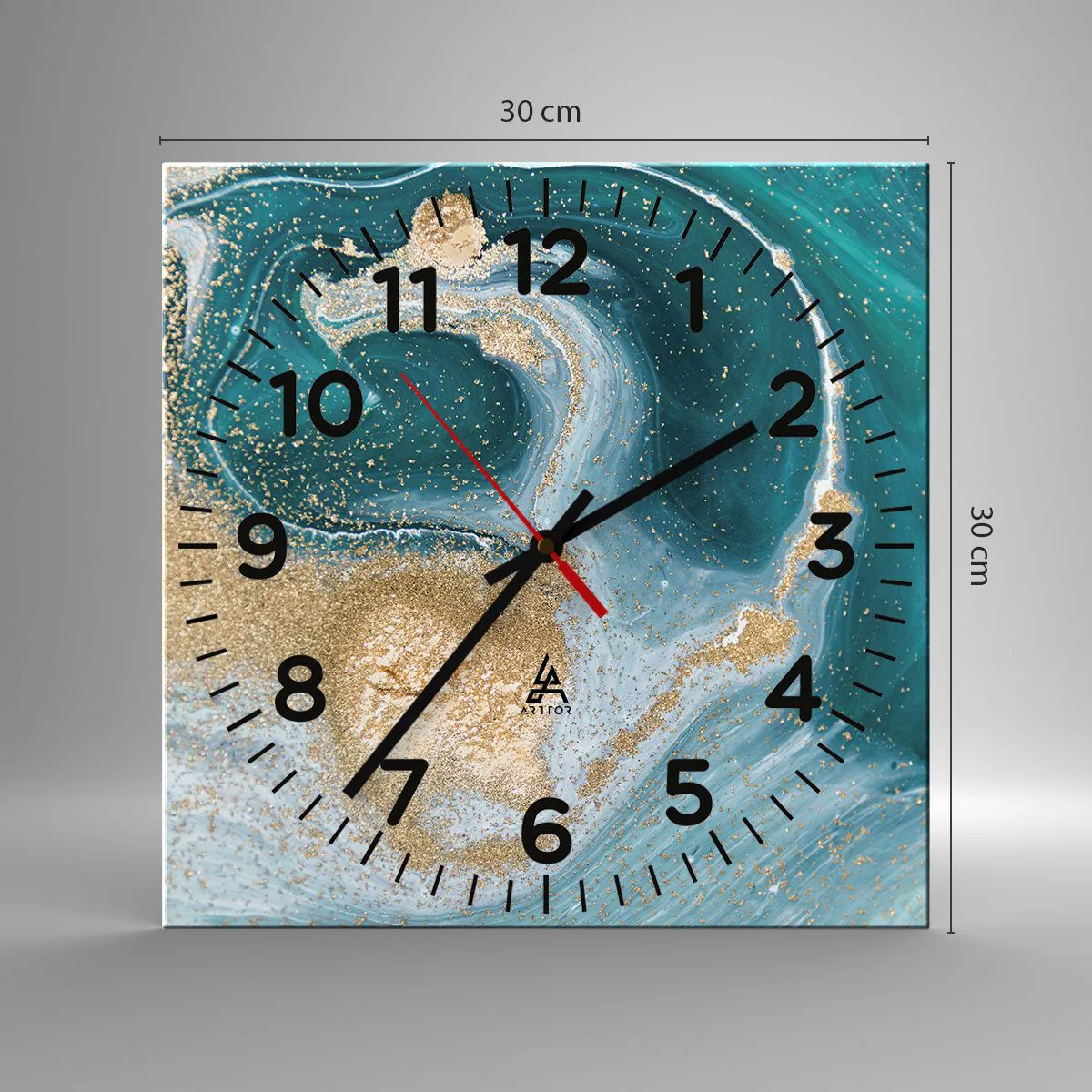 Wanduhr - Glasuhr - Ein Strudel aus Gold und Türkis - 30x30 cm