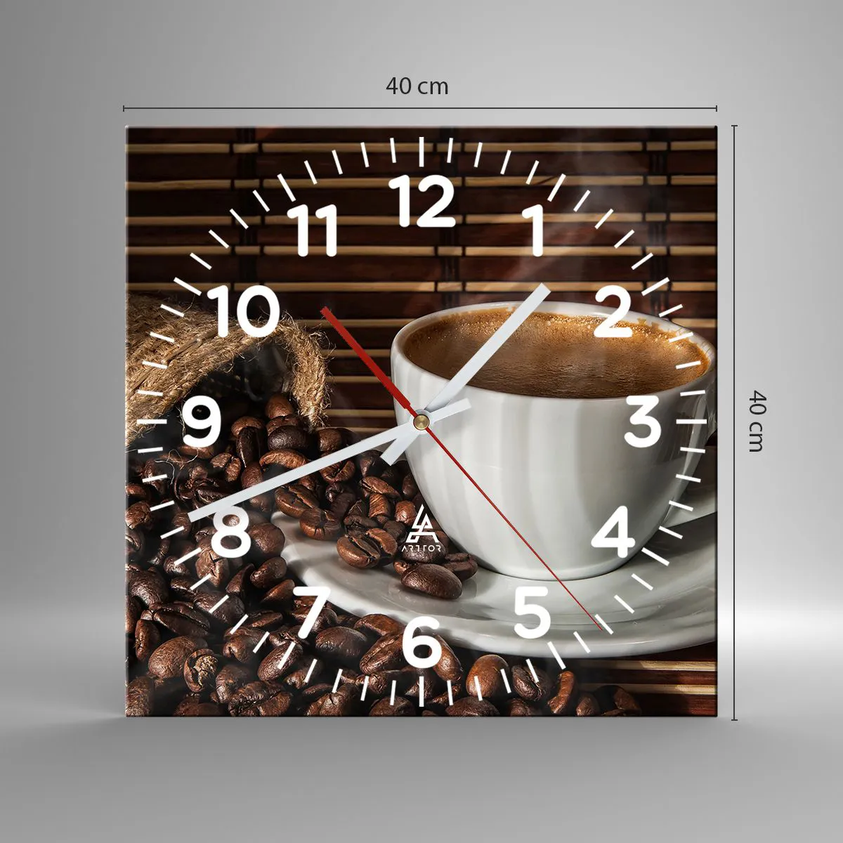 Ceas de perete - Ceas pe sticlă - Negru de cărbune, transparență de chihlimbar - 40x40 cm