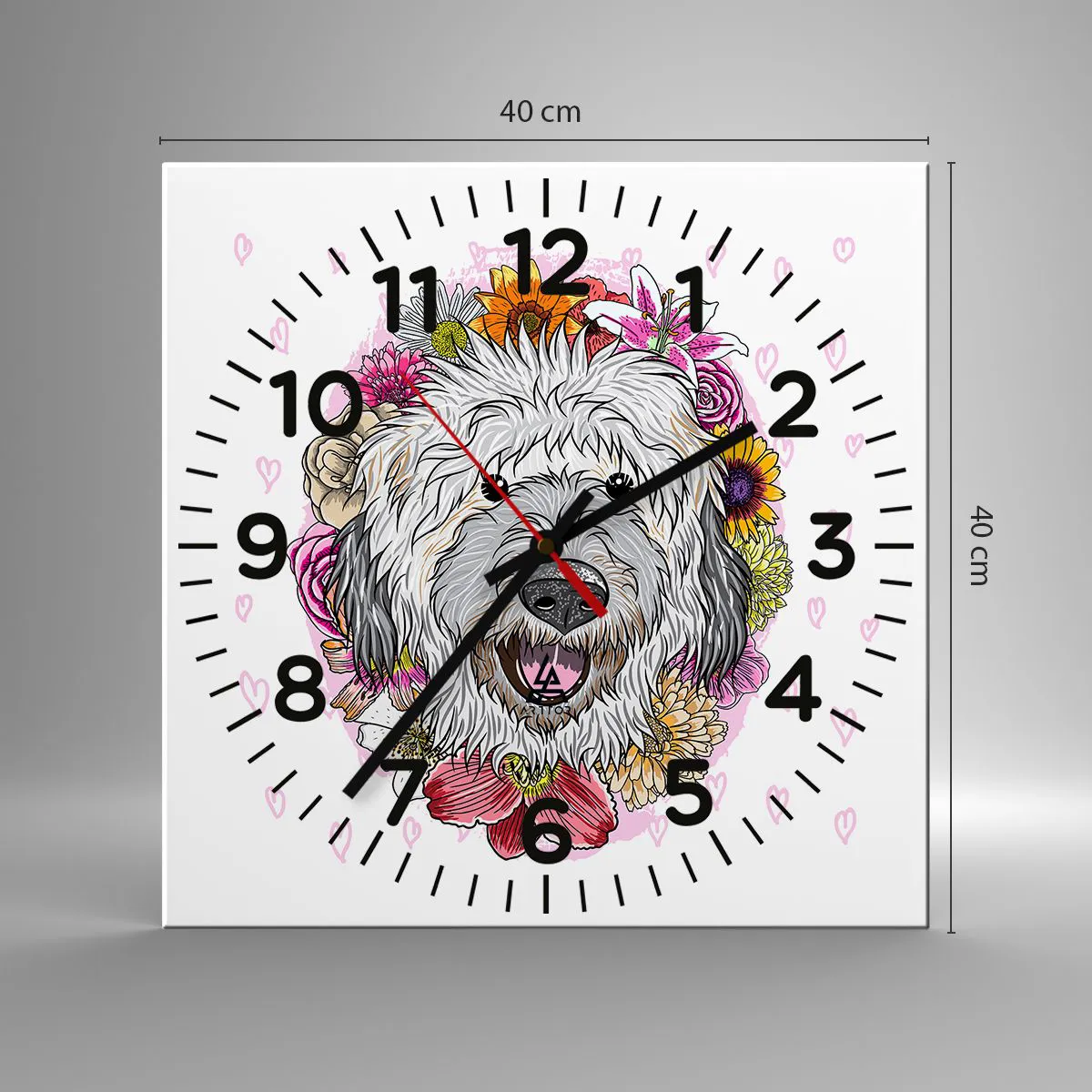 Ceas de perete - Ceas pe sticlă - Bucuria cățelușului - 40x40 cm
