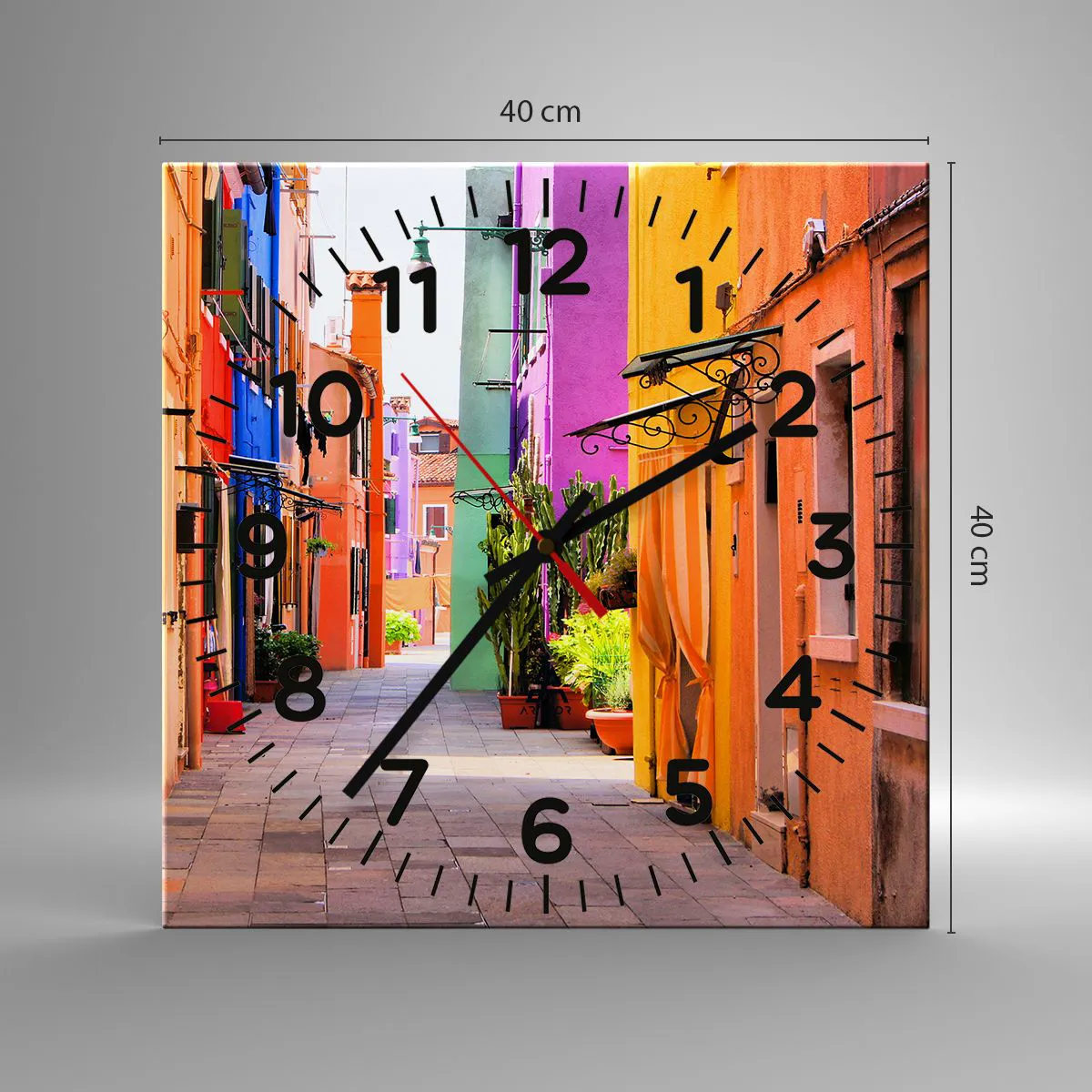 Relógio de parede - Relógio em vidro - Beco arco-íris - 40x40 cm