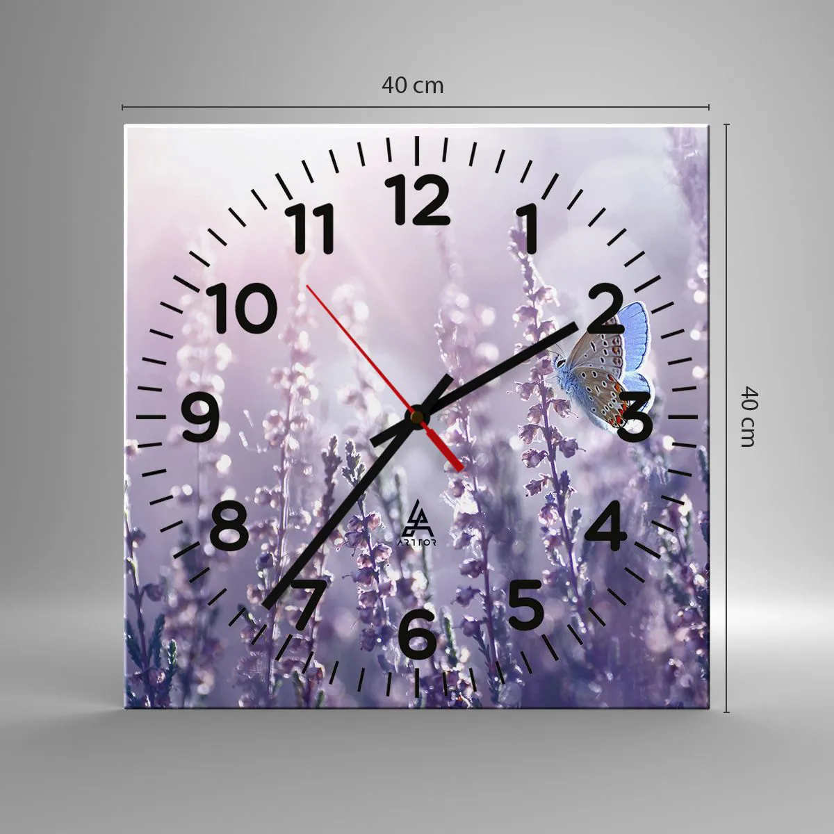 Ceas de perete - Ceas pe sticlă - Sărut de fluture - 40x40 cm