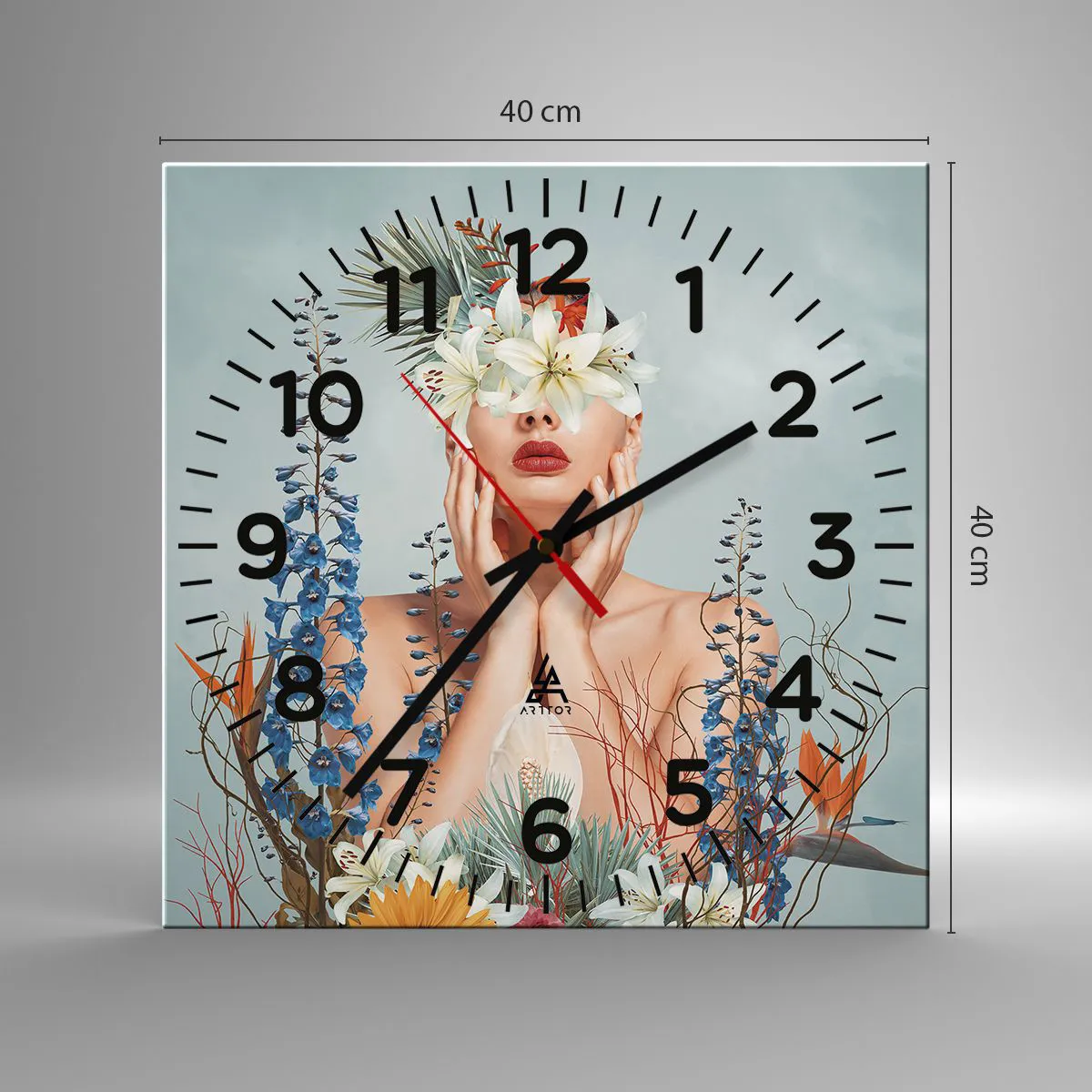 Ceas de perete - Ceas pe sticlă - Femeia floare - 40x40 cm