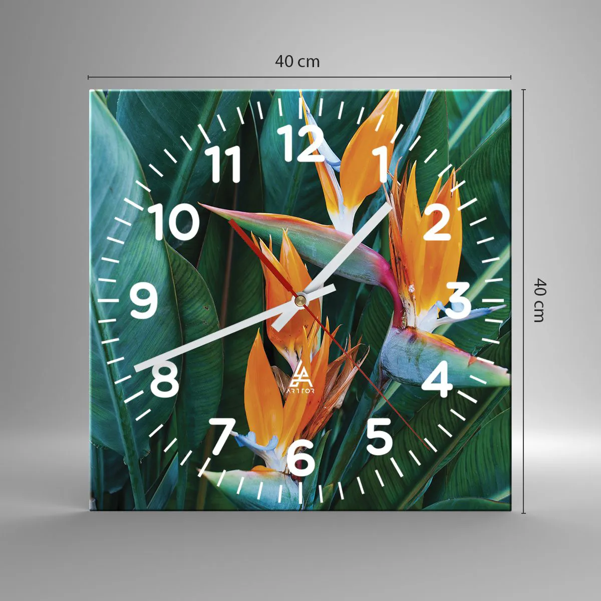 Väggklocka - Klocka på glas - Är det en blomma, eller en fågel? - 40x40 cm