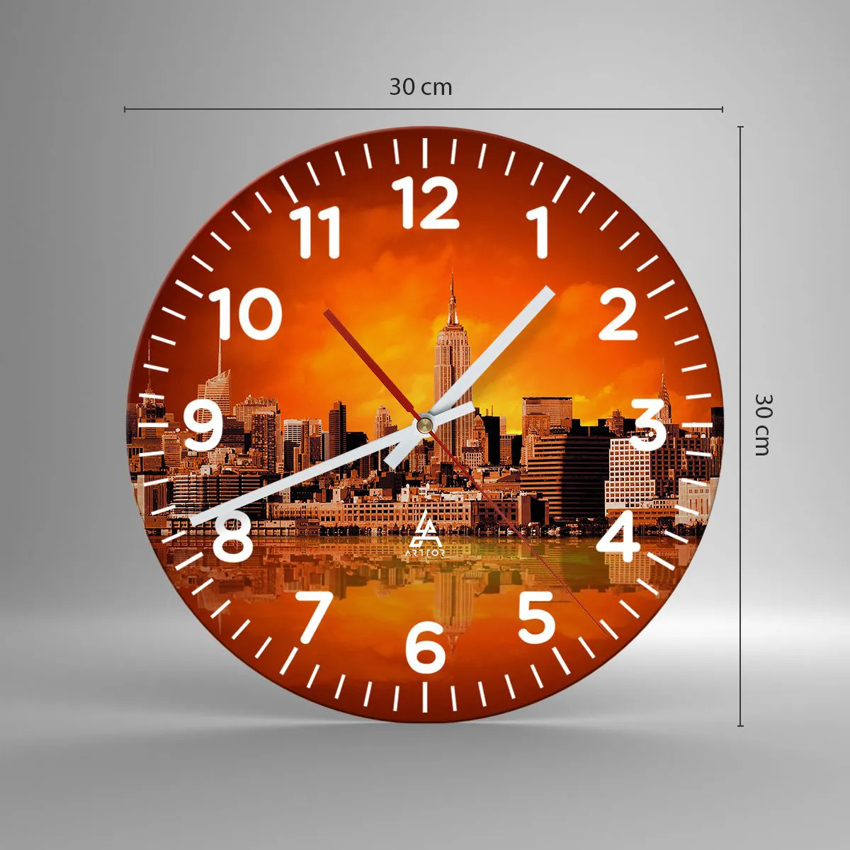Ceas de perete - Ceas pe sticlă - Panorama unui oraș mare în galben și maro - 30x30 cm