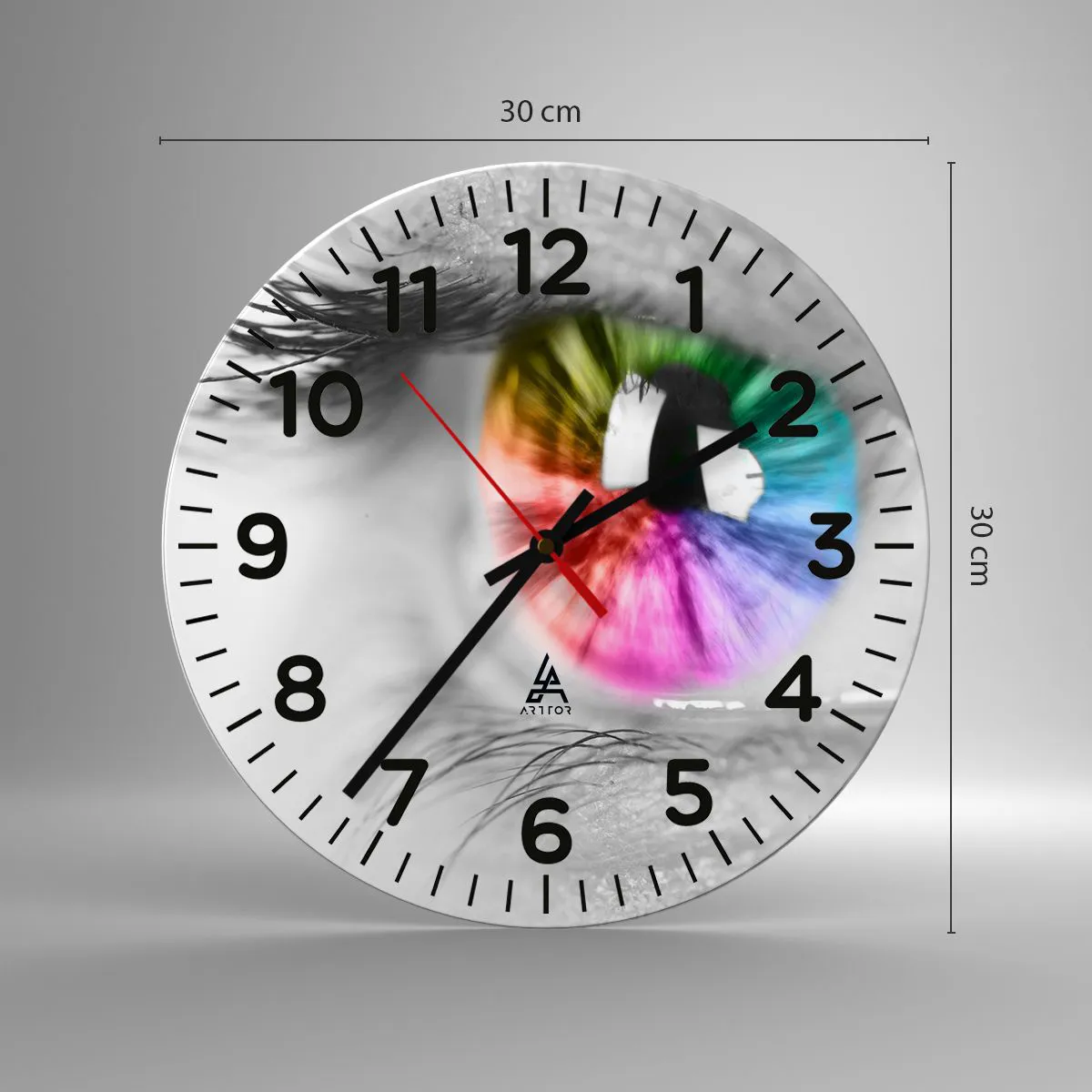 Relógio de parede - Relógio em vidro - Olhar para o mundo a cores - 30x30 cm