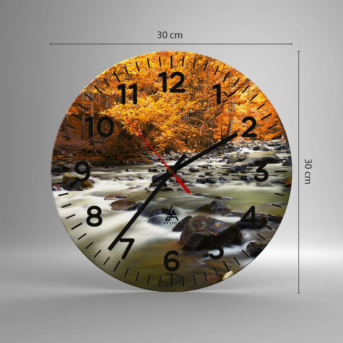 Ceas de perete - Ceas pe sticlă - Un pârâu într-o pădure de aur - 30x30 cm