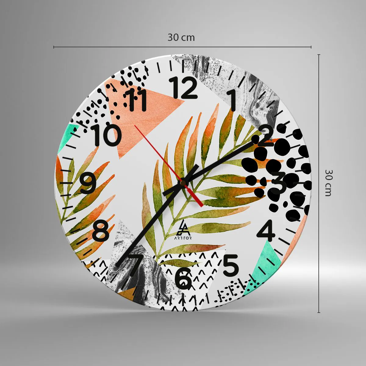 Relógio de parede - Relógio em vidro - Decoração em folha de palmeira - 30x30 cm