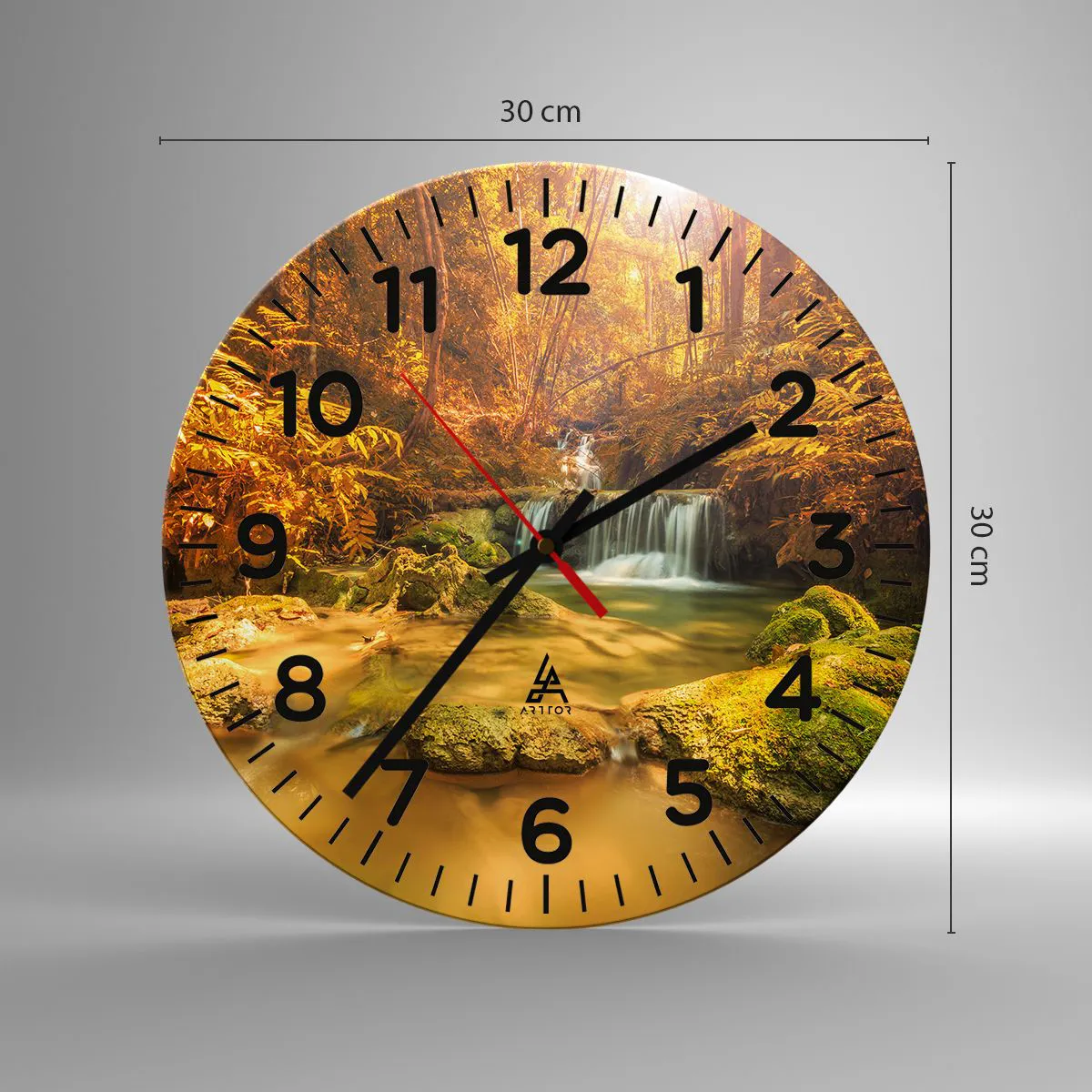Wall clock - Clock on glass - Forest Cascade in Gold - 30x30 cm
