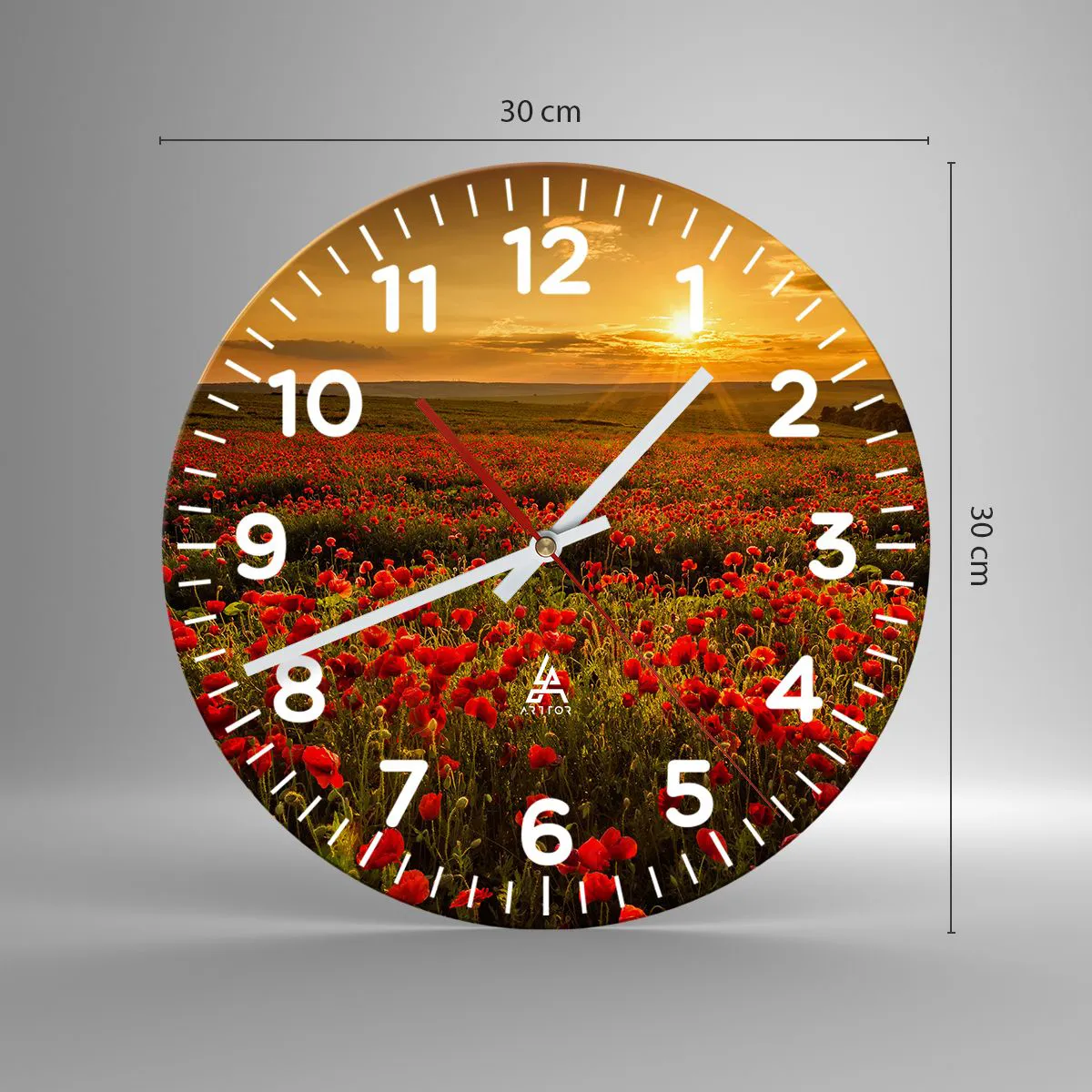 Reloj de pared - Reloj de vidrio - Entre los campos de flores - 30x30 cm