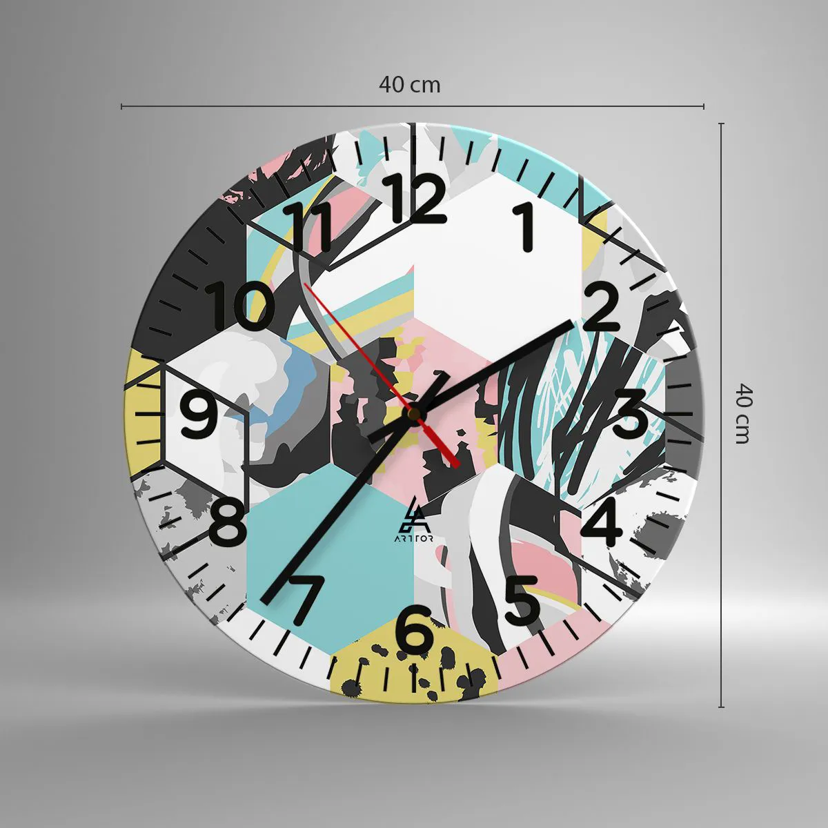 Wall clock - Clock on glass - Hexagons and Cubes in Six Colours - 40x40 cm