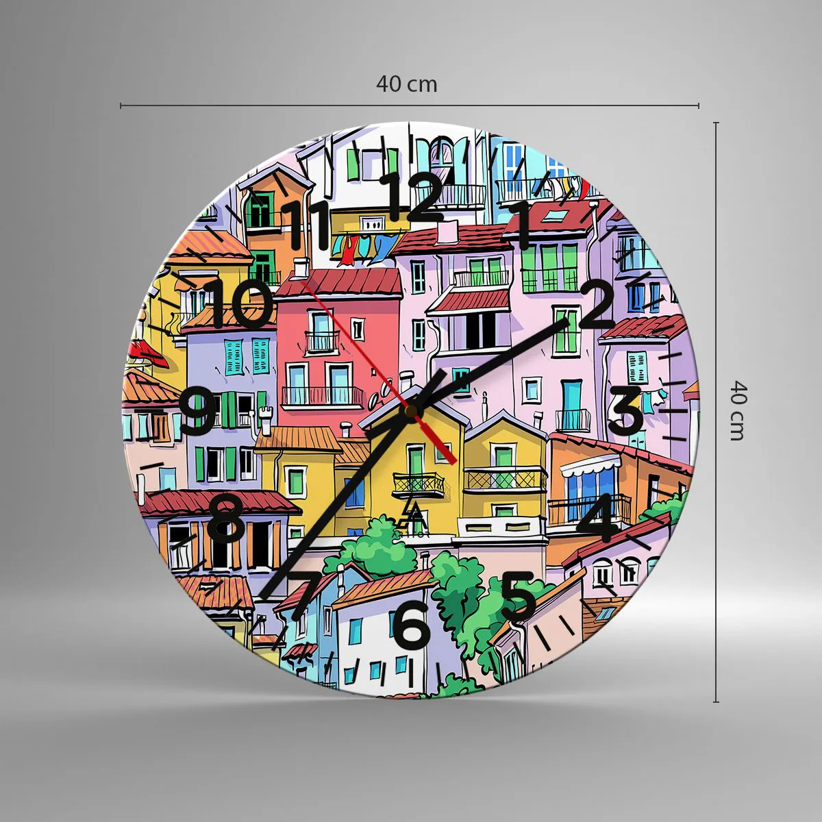 Reloj de pared - Reloj de vidrio - Ciudad alegre - 40x40 cm
