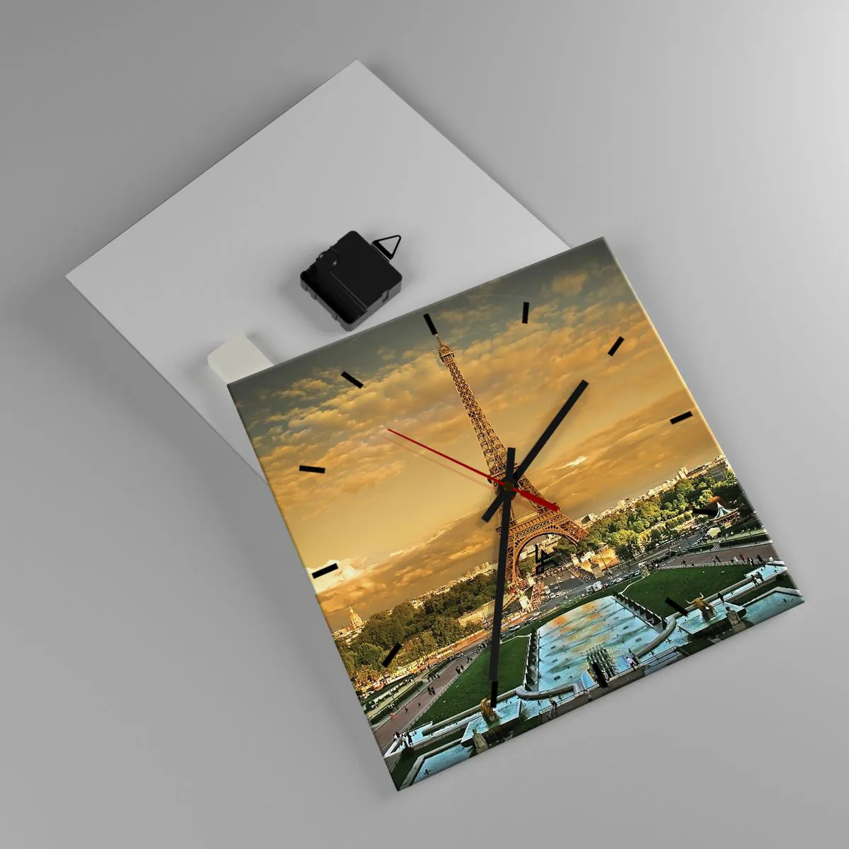 Reloj de pared - Reloj de vidrio - La Torre Eiffel en París al atardecer - 30x30cm - Reina de París - Decoración de pared moderna para salón y dormitorio ARTTOR