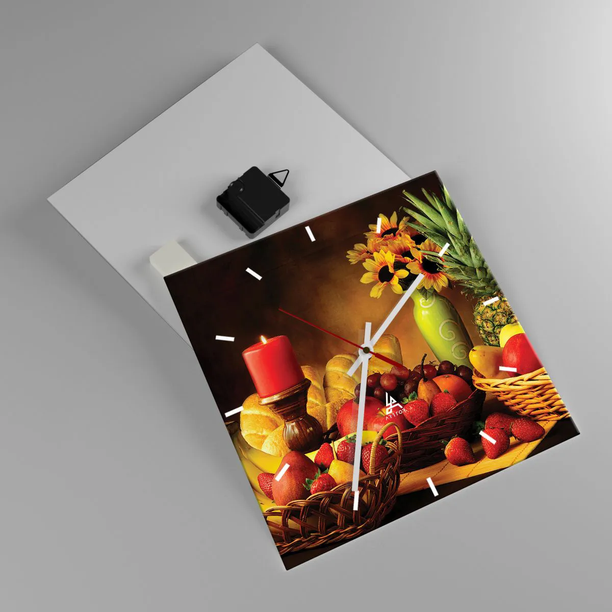 Wanduhr - Glasuhr - Stillleben mit Früchten, Brot, Kerze und Blumen - 30x30cm - Stillleben mit Brot und Obst - Moderne Wanddekoration für Wohnzimmer und Schlafzimmer ARTTOR