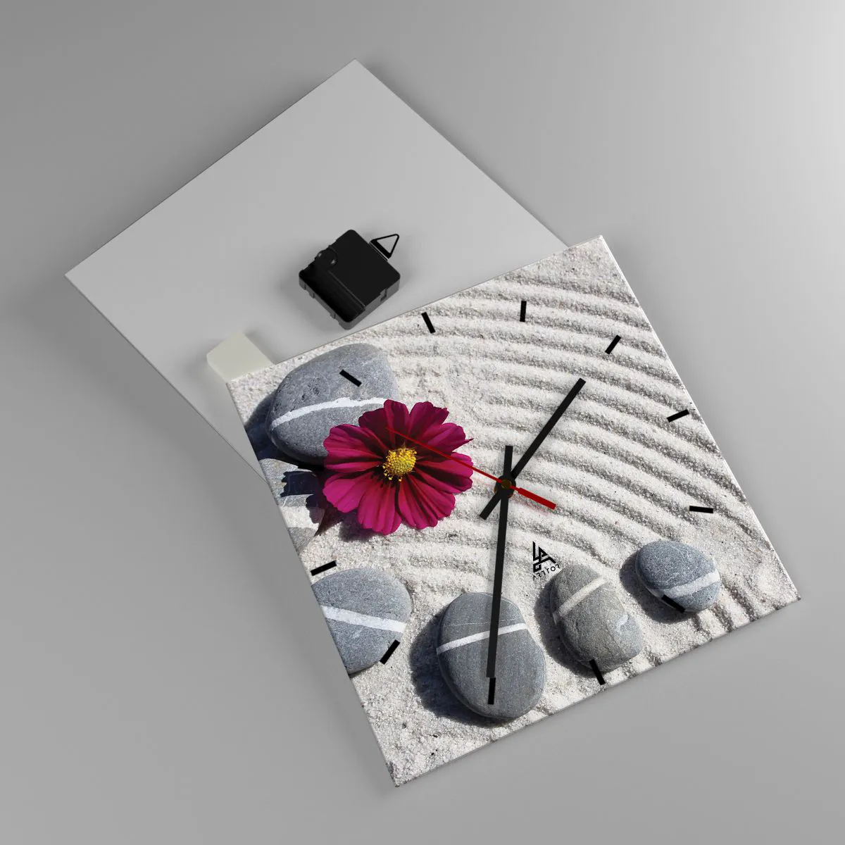 Horloge murale - Pendule murale - Des pierres et une fleur rose sur le sable dans un style zen - 30x30cm - Énergie et paix du cercle magique de la nature - Décoration murale moderne pour le salon et la chambre ARTTOR