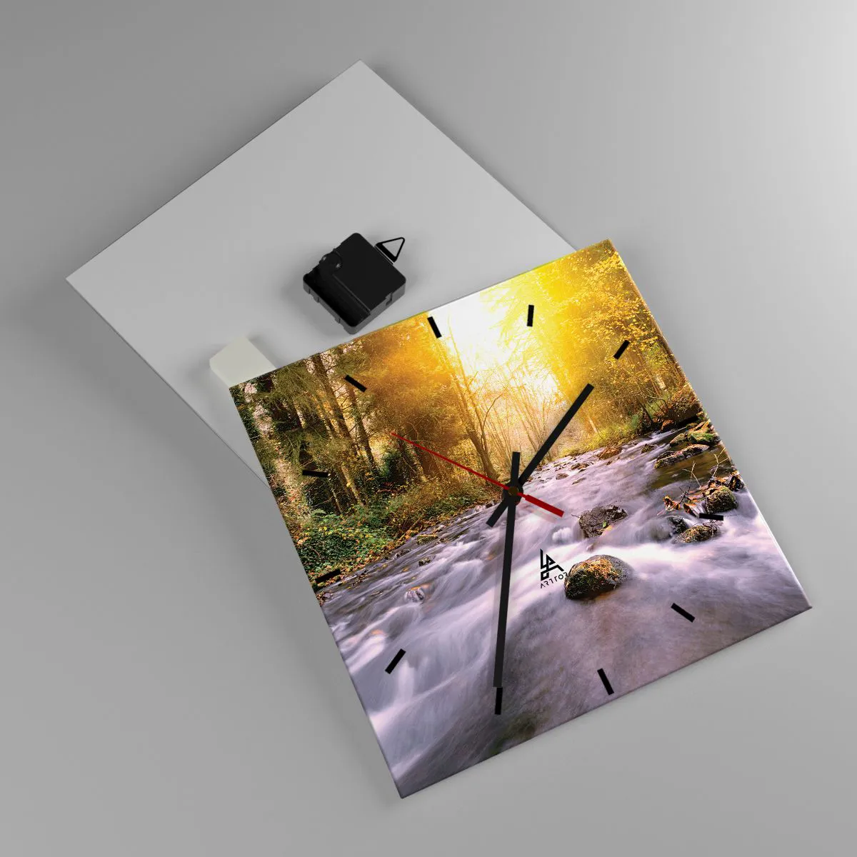 Wanduhr - Glasuhr - Ein Waldbach, beleuchtet von den Sonnenstrahlen - 30x30cm - Malachit im Silber- und Goldrahmen - Moderne Wanddekoration für Wohnzimmer und Schlafzimmer ARTTOR