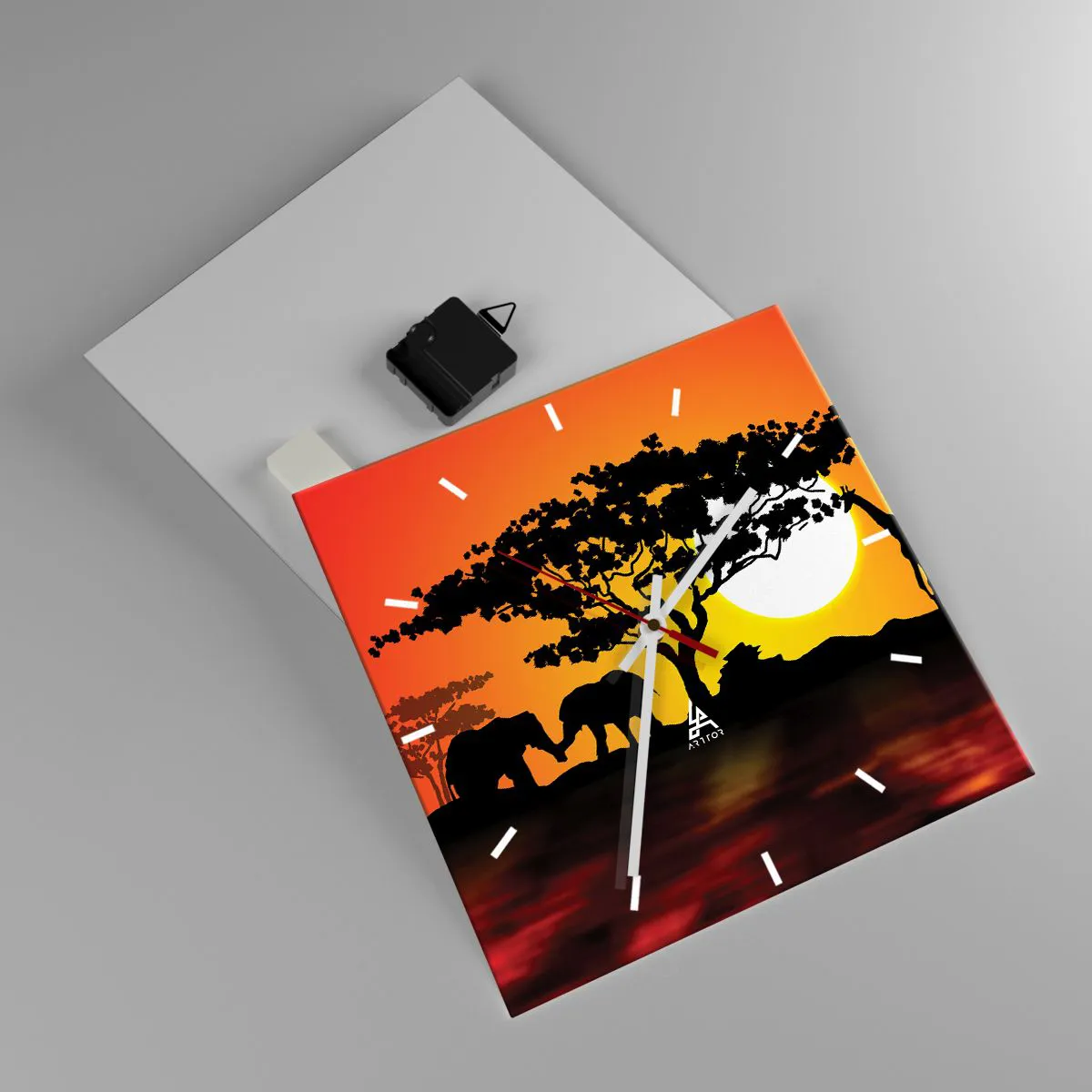 Orologio da parete - Orologio in Vetro - Tramonto africano con sagome di elefanti e giraffe sull'acqua - 30x30cm - Incontro nella savana - Decorazione murale moderna per soggiorno e camera da letto ARTTOR