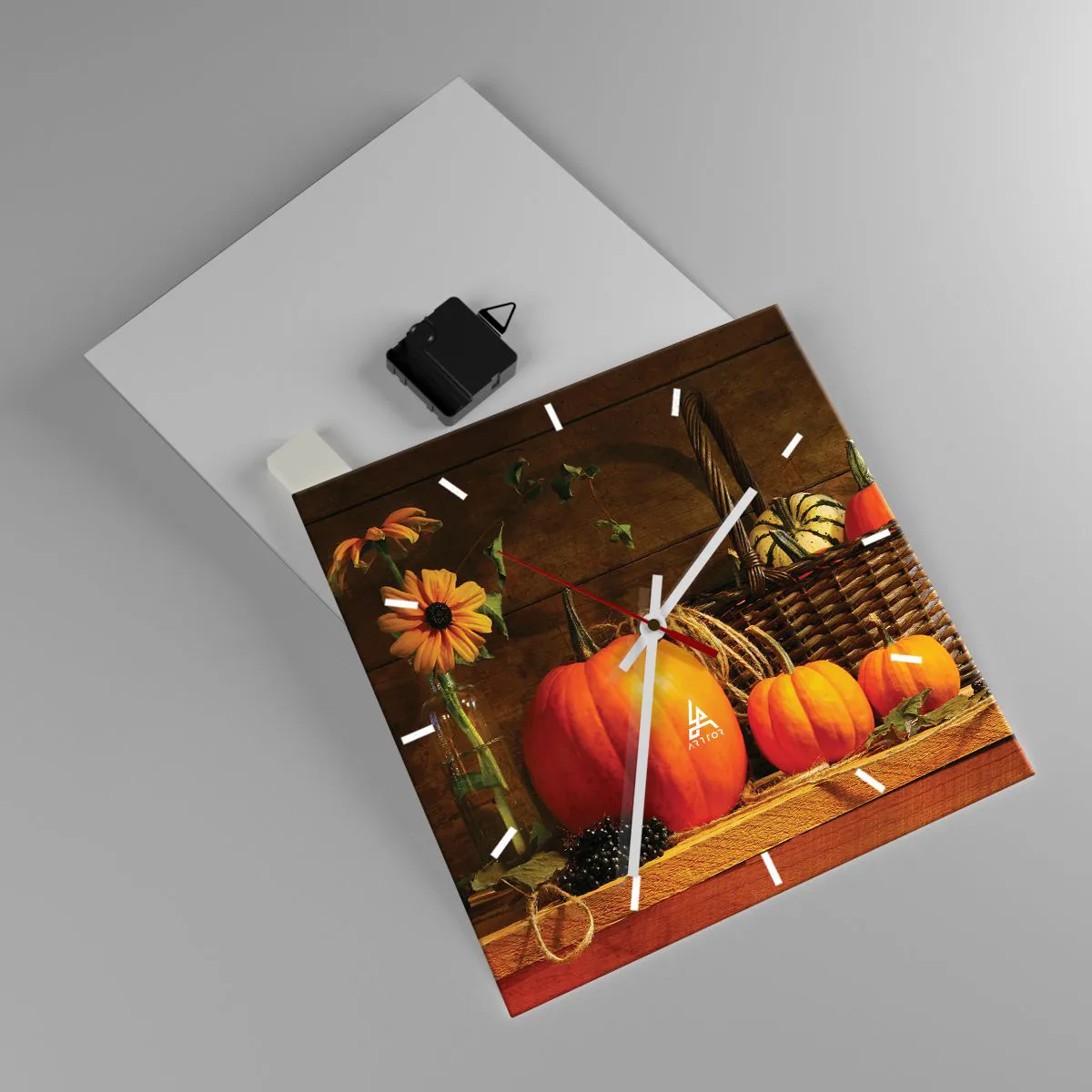Väggklocka - Klocka på glas - Rustik komposition - höstens gåvor - 30x30 cm