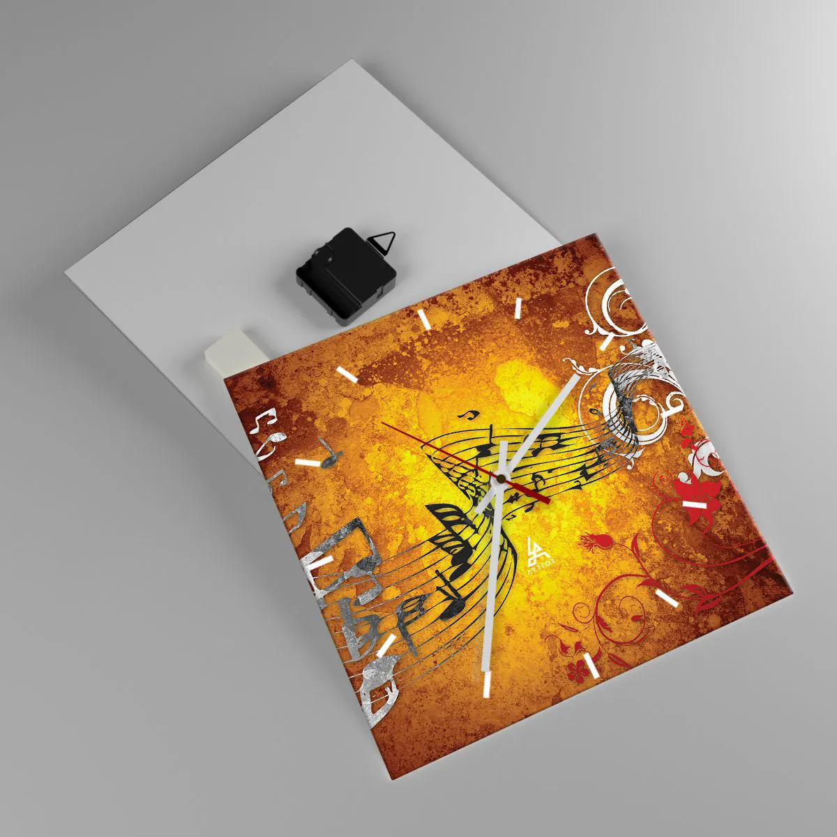 Wanduhr - Glasuhr - Abstrakte Musiknoten auf einem bunten Hintergrund mit Ornamenten - 30x30cm - Lass die Musik fließen - Moderne Wanddekoration für Wohnzimmer und Schlafzimmer ARTTOR