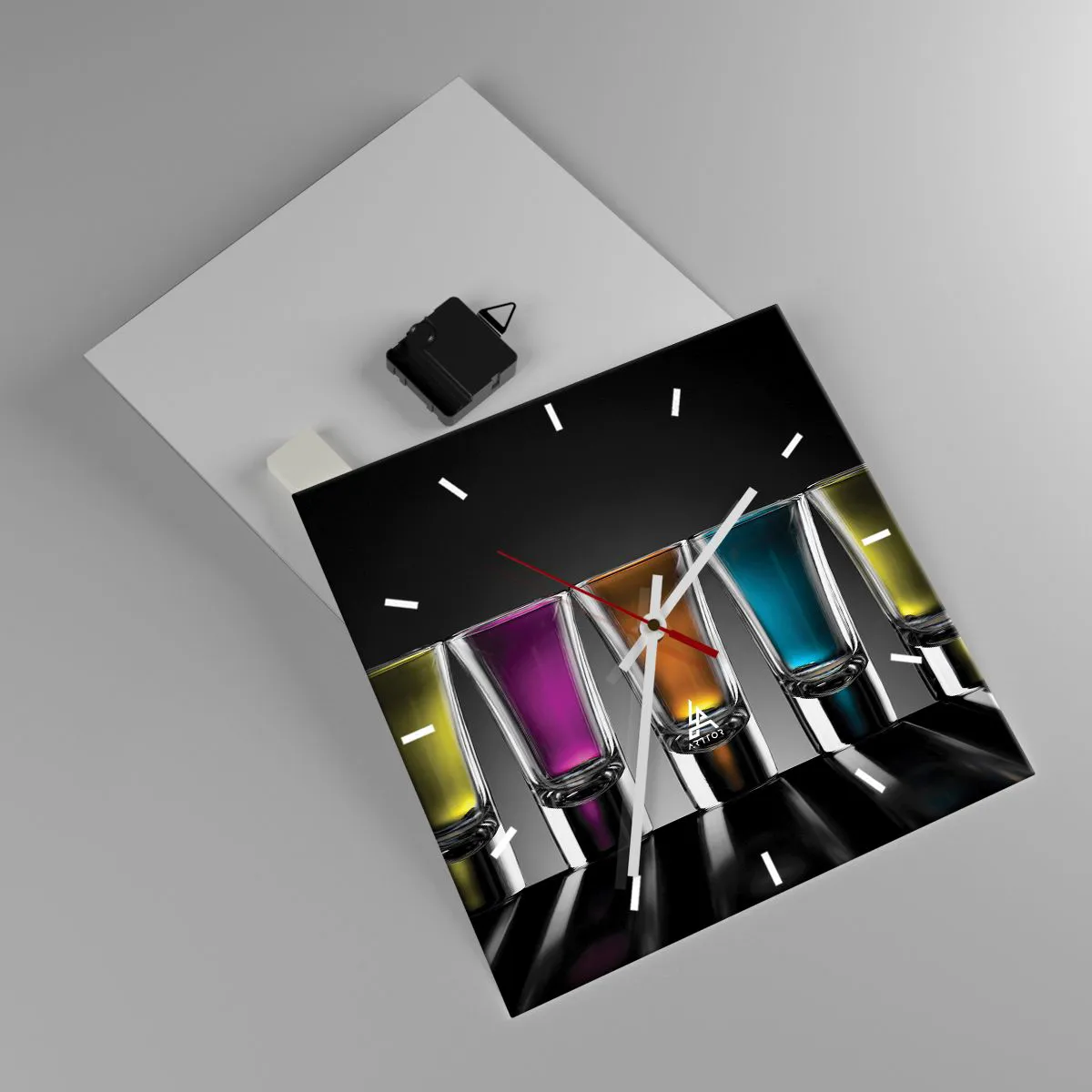 Wanduhr - Glasuhr - Bunte Gläser auf schwarzem Hintergrund - 30x30cm - Die Farben der Freude - Moderne Wanddekoration für Wohnzimmer und Schlafzimmer ARTTOR