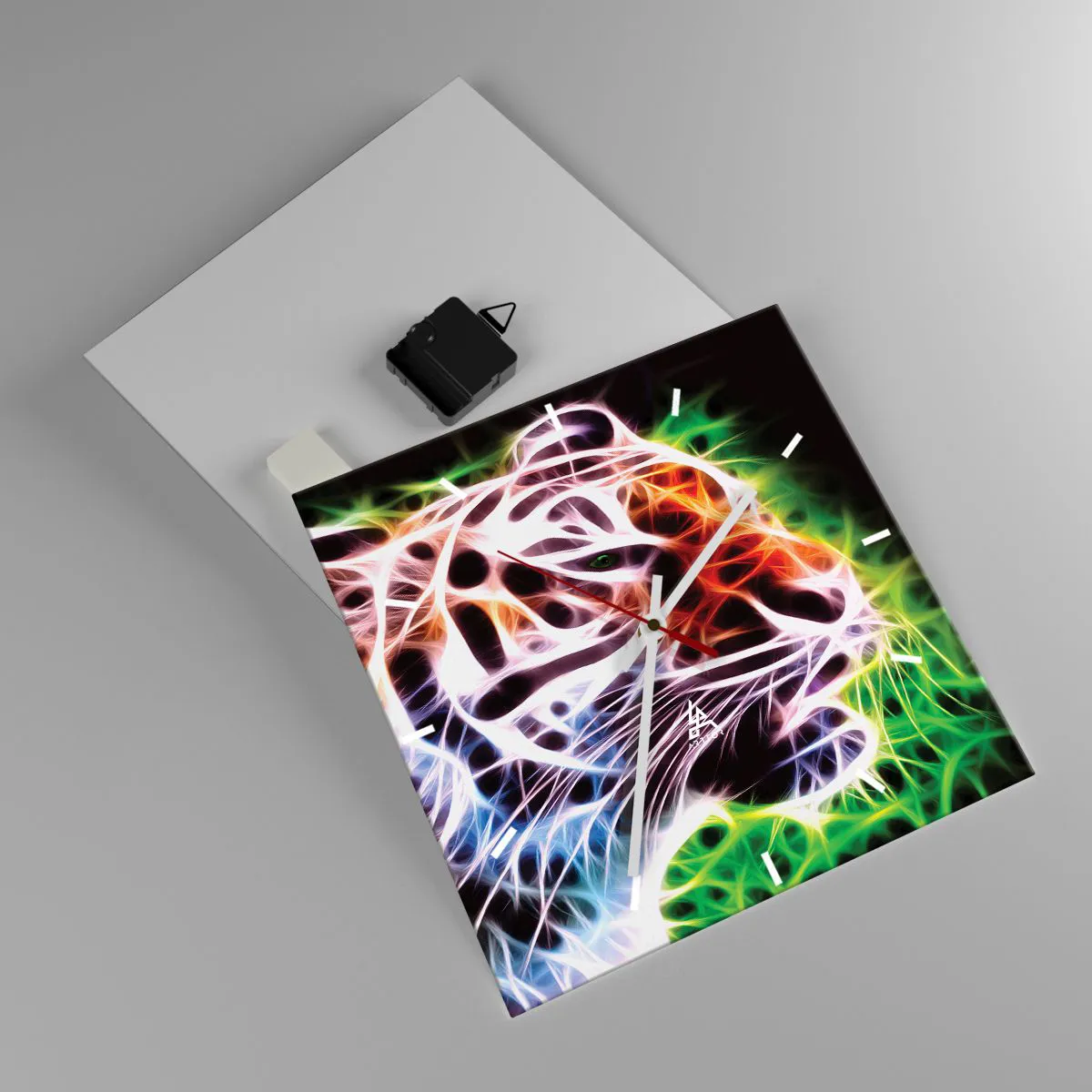 Wanduhr - Glasuhr - Farbenfrohes künstlerisches Porträt eines Tigers im Neonstil auf schwarzem Hintergrund. - 30x30cm - Schreckliche Aura - Moderne Wanddekoration für Wohnzimmer und Schlafzimmer ARTTOR