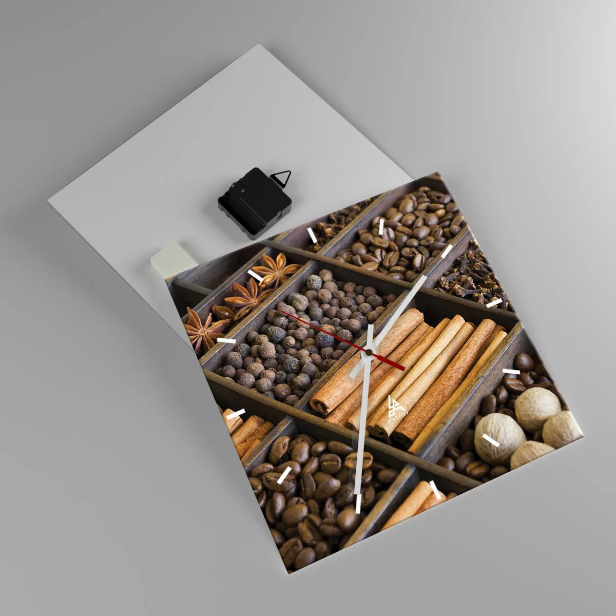 Wanduhr - Glasuhr - Gewürze und Kaffee in Holzfächern - 30x30cm - Eine Fundgrube an Aromen - Moderne Wanddekoration für Wohnzimmer und Schlafzimmer ARTTOR
