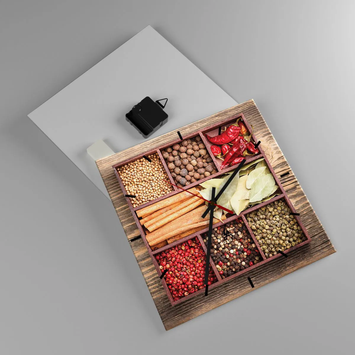 Reloj de pared - Reloj de vidrio - Caja de madera con varias especias en compartimentos. - 30x30cm - Orden de formas, composición de aromas - Decoración de pared moderna para salón y dormitorio ARTTOR