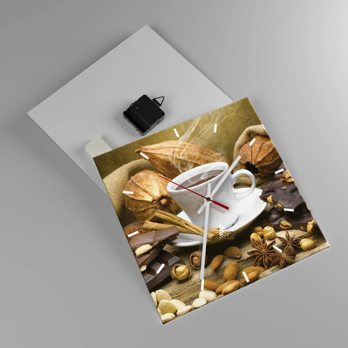 Wanduhr - Glasuhr - Eine Tasse heiße Schokolade, umgeben von Kakao und Zimt - 30x30cm - Für Nervenkitzel-Suchende - Moderne Wanddekoration für Wohnzimmer und Schlafzimmer ARTTOR