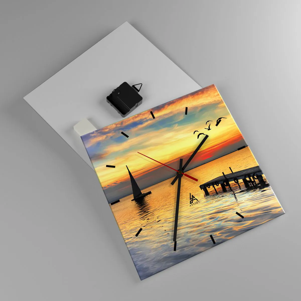 Reloj de pared - Reloj de vidrio - Puesta de sol con un velero y un muelle en un lago tranquilo - 30x30cm - Regresos nocturnos - Decoración de pared moderna para salón y dormitorio ARTTOR