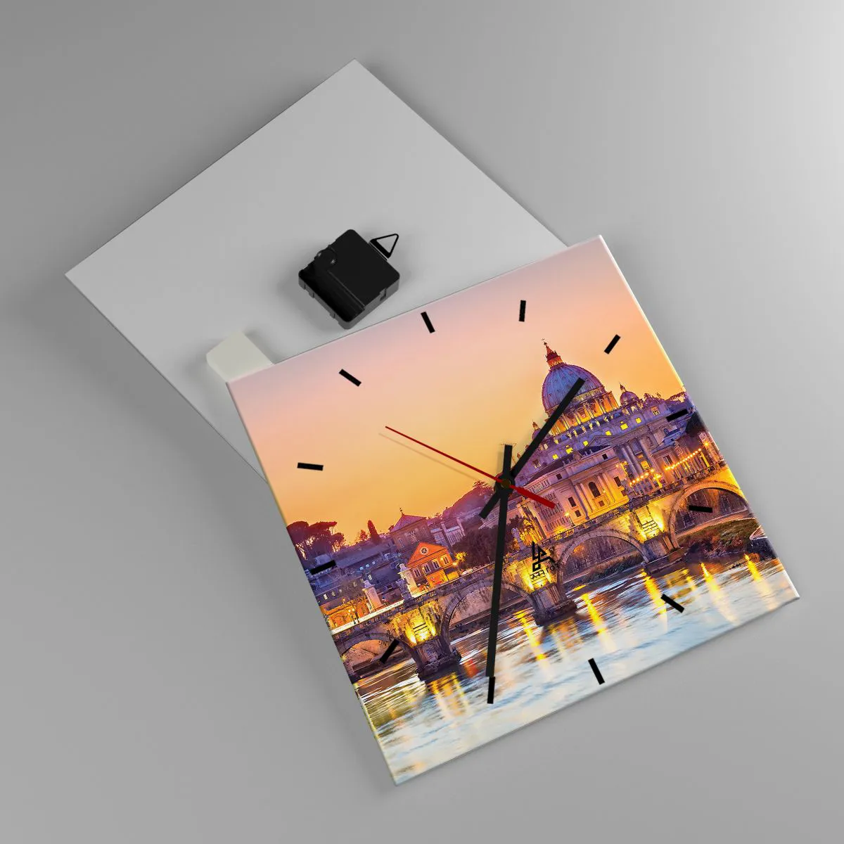 Orologio da parete - Orologio in Vetro - Panorama del Vaticano al tramonto con un ponte sul fiume - 30x30cm - Tramonto sulla Città Eterna - Decorazione murale moderna per soggiorno e camera da letto ARTTOR