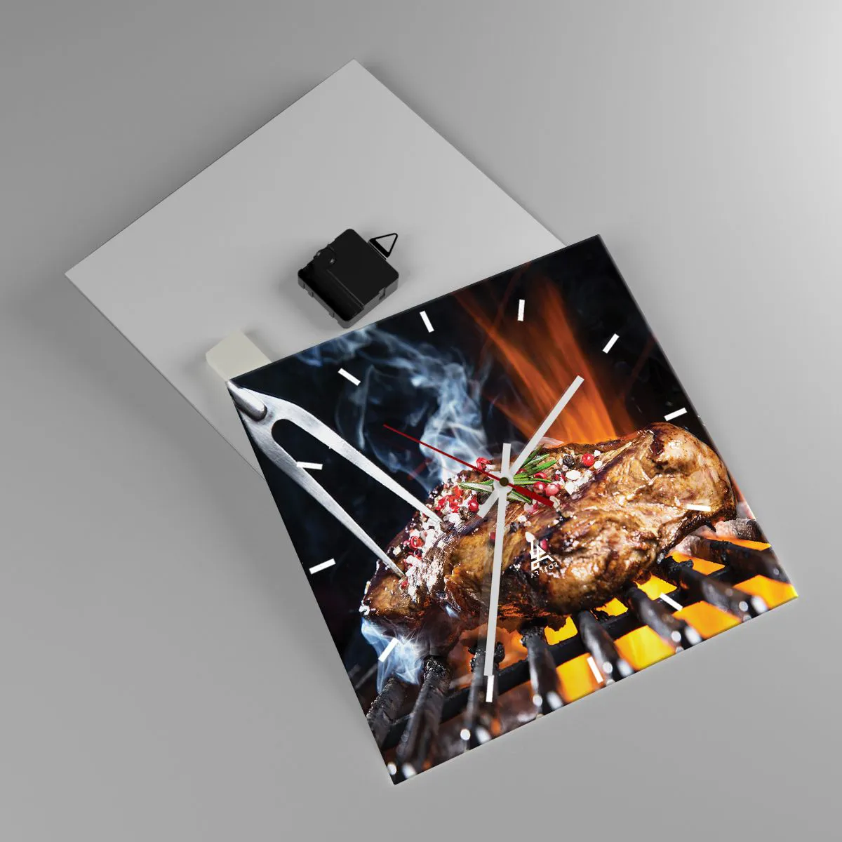 Wanduhr - Glasuhr - Gegrilltes Steak auf einem Grill mit Gewürzen - 30x30cm - Saftig und duftend - Moderne Wanddekoration für Wohnzimmer und Schlafzimmer ARTTOR