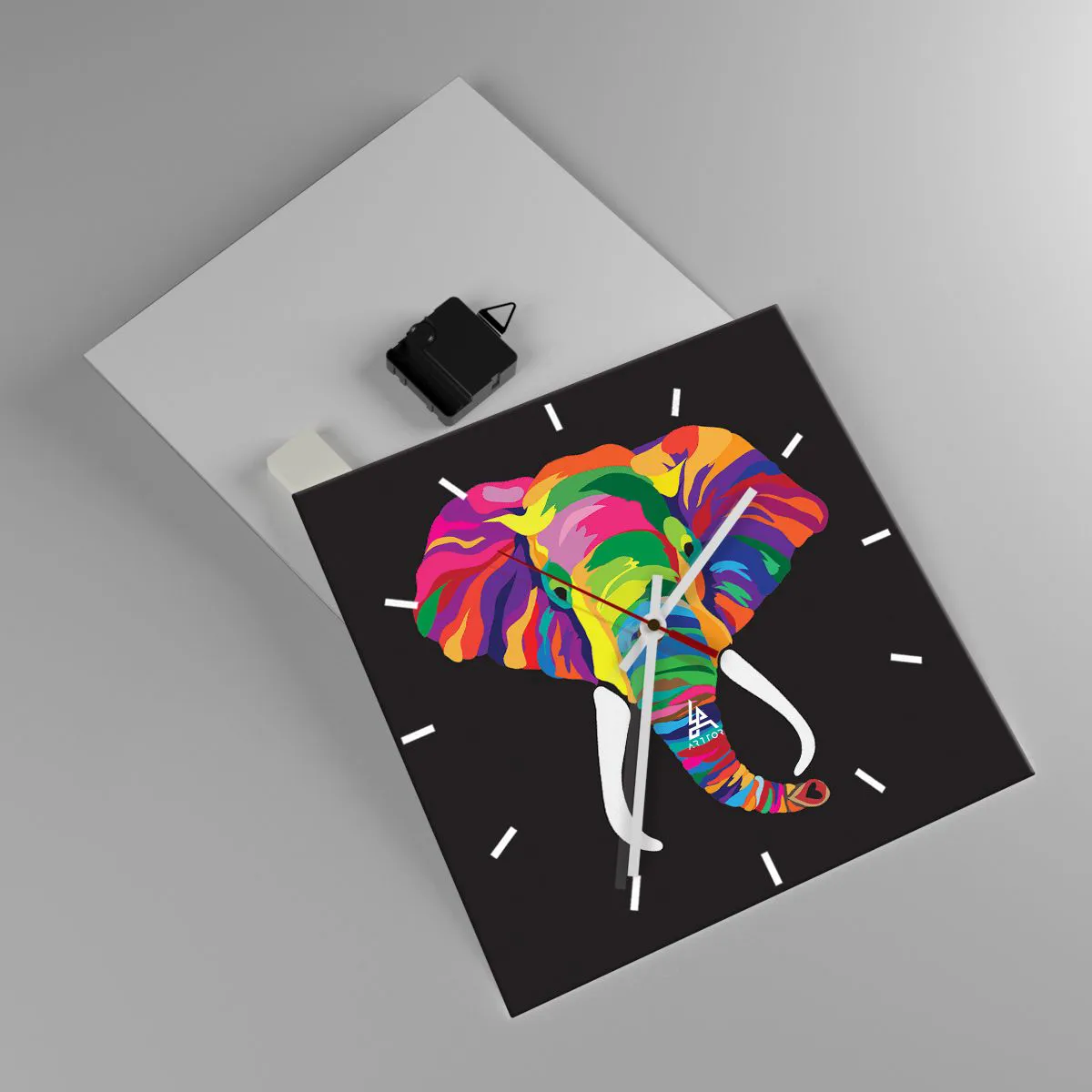 Ceas de perete - Ceas pe sticlă - Elefantul căruia îi plăcea să se scalde în curcubeu - 30x30 cm