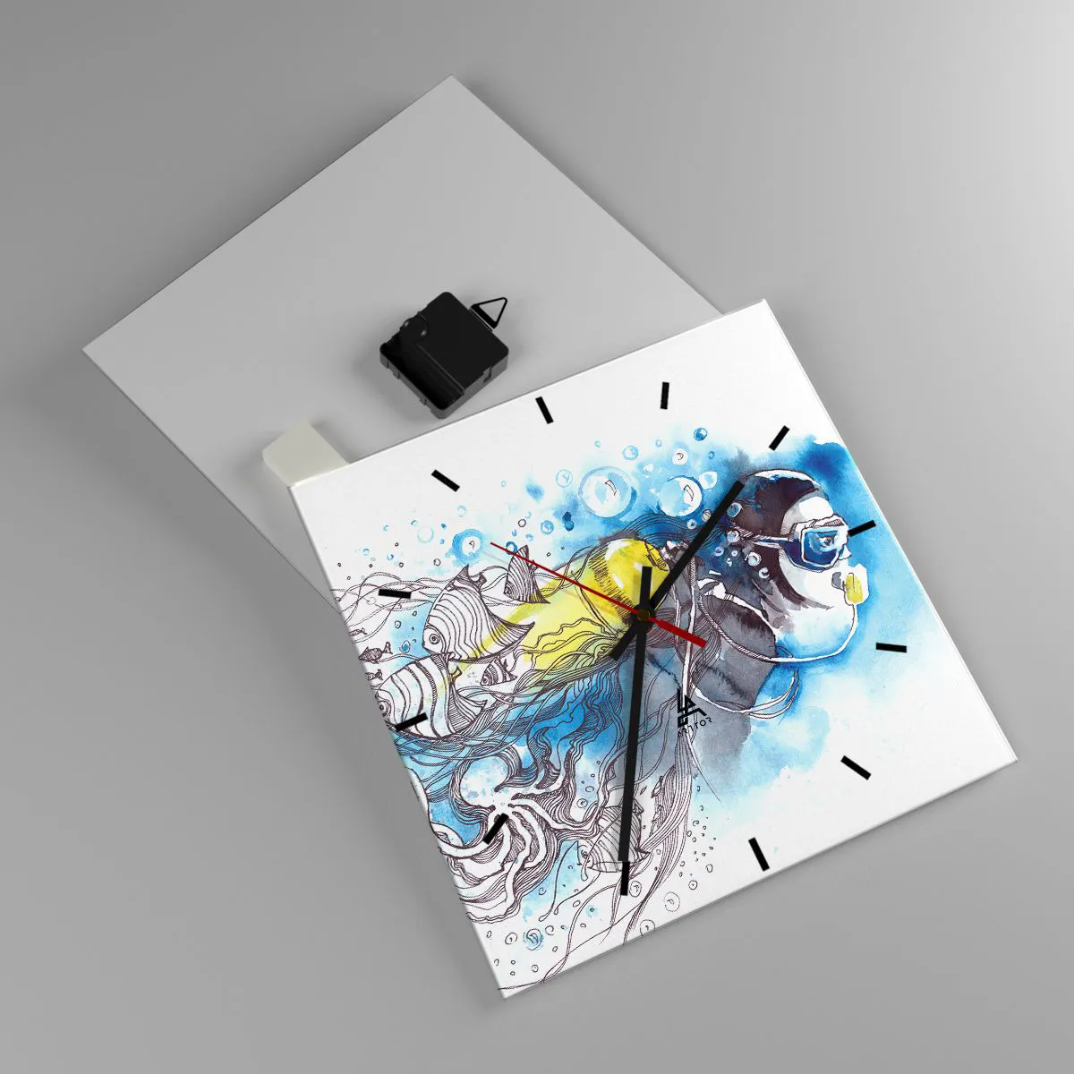 Zegar ścienny - Podwodna scena z nurkiem i egzotycznymi rybami - 30x30cm - Wielki błękit - Nowoczesna dekoracja ścienna do salonu i sypialni ARTTOR