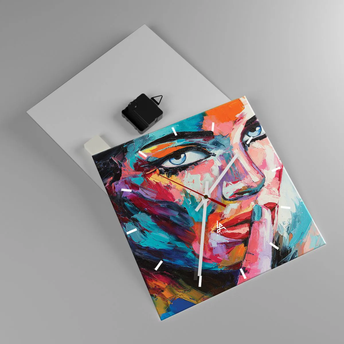 Wanduhr - Glasuhr - Farbenfrohes Porträt einer Frau im abstrakten Stil - 30x30cm - Unser erstes Geheimnis - Moderne Wanddekoration für Wohnzimmer und Schlafzimmer ARTTOR