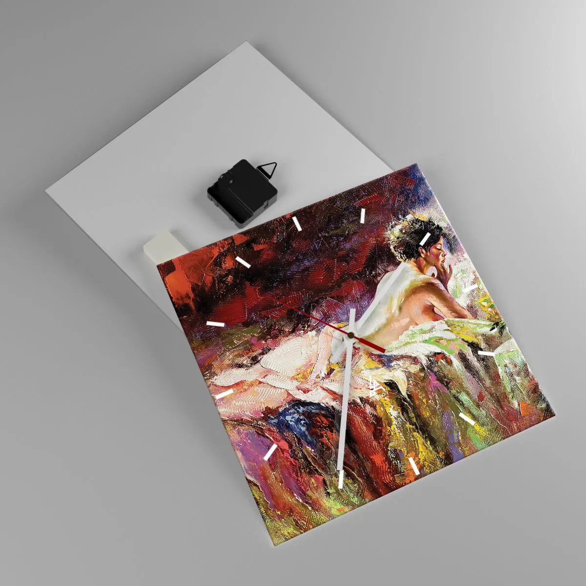 Reloj de pared - Reloj de vidrio - Una mujer acostada en una cama sobre un fondo de colores abstractos. - 30x30cm - Una Venus reflexiva - Decoración de pared moderna para salón y dormitorio ARTTOR