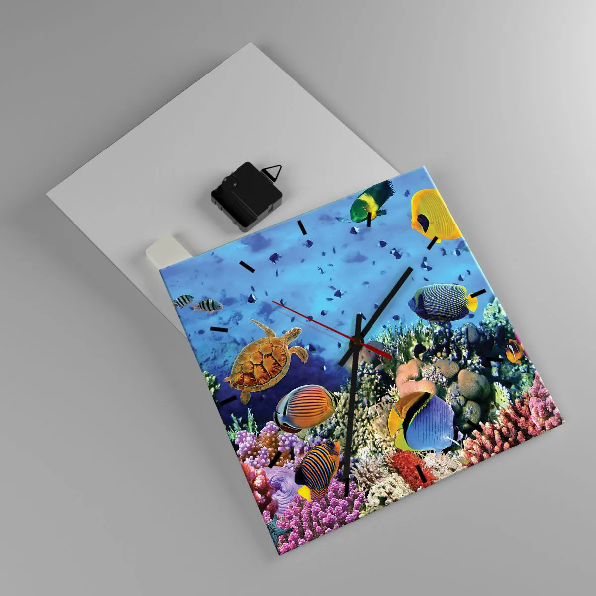 Wanduhr - Glasuhr - Korallenriff mit bunten Fischen und einer Meeresschildkröte - 30x30cm - Und was wissen wir über das Leben ... - Moderne Wanddekoration für Wohnzimmer und Schlafzimmer ARTTOR