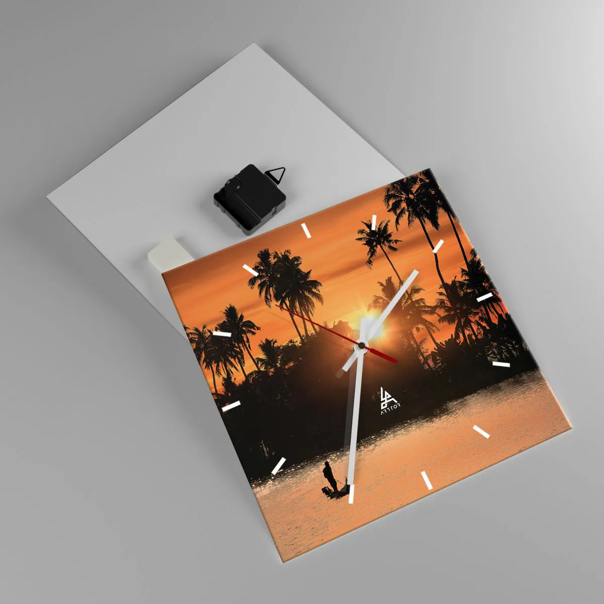 Zegar ścienny - Zachód słońca nad palmami i spokojnym jeziorem z łódką - 30x30cm - Czas na odpoczynek - Nowoczesna dekoracja ścienna do salonu i sypialni ARTTOR