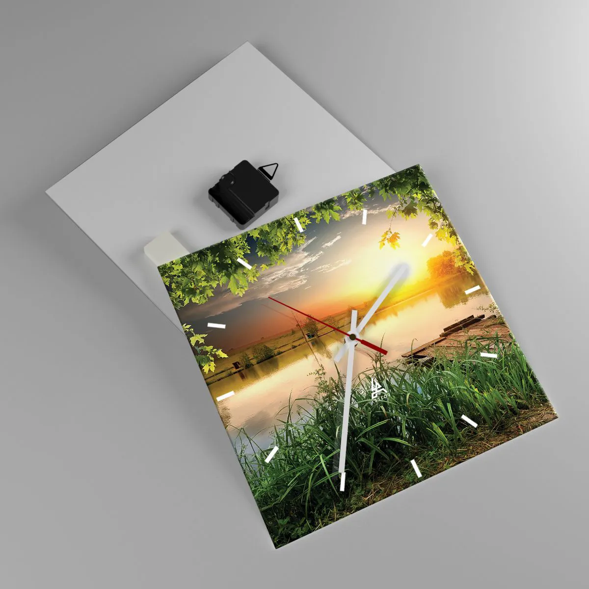 Ceas de perete - Ceas pe sticlă - Peisaj într-un cadru verde - 30x30 cm