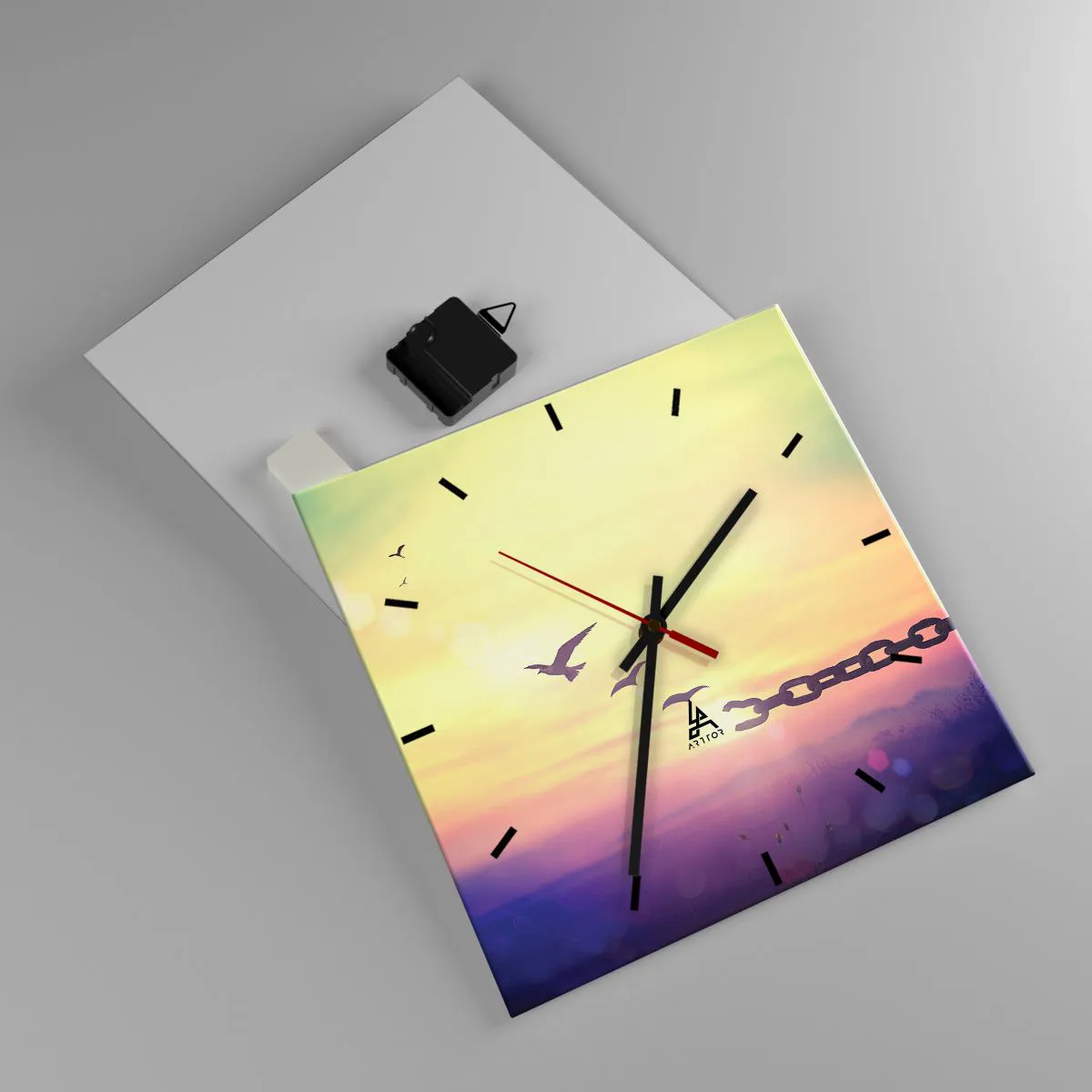 Wanduhr - Glasuhr - Symbol der Freiheit mit Vögeln und einer zerbrochenen Kette - 30x30cm - Der Sieg der Freiheit - Moderne Wanddekoration für Wohnzimmer und Schlafzimmer ARTTOR