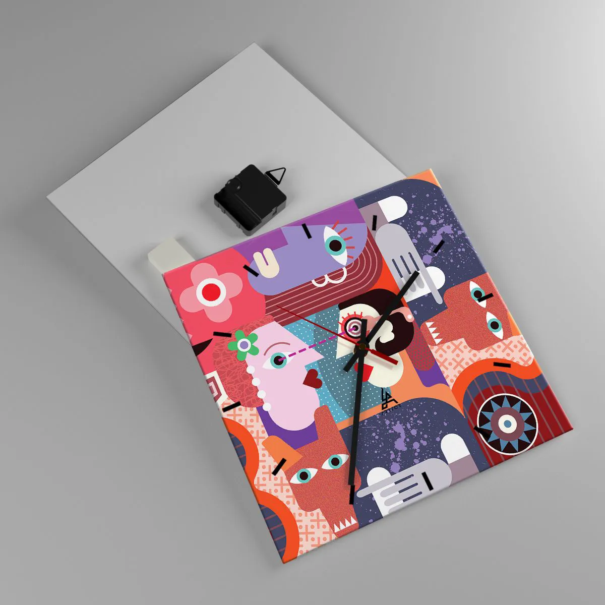 Wanduhr - Glasuhr - Abstrakte Figuren in lebendigen Farben - 30x30cm - Augenhöhe - Moderne Wanddekoration für Wohnzimmer und Schlafzimmer ARTTOR