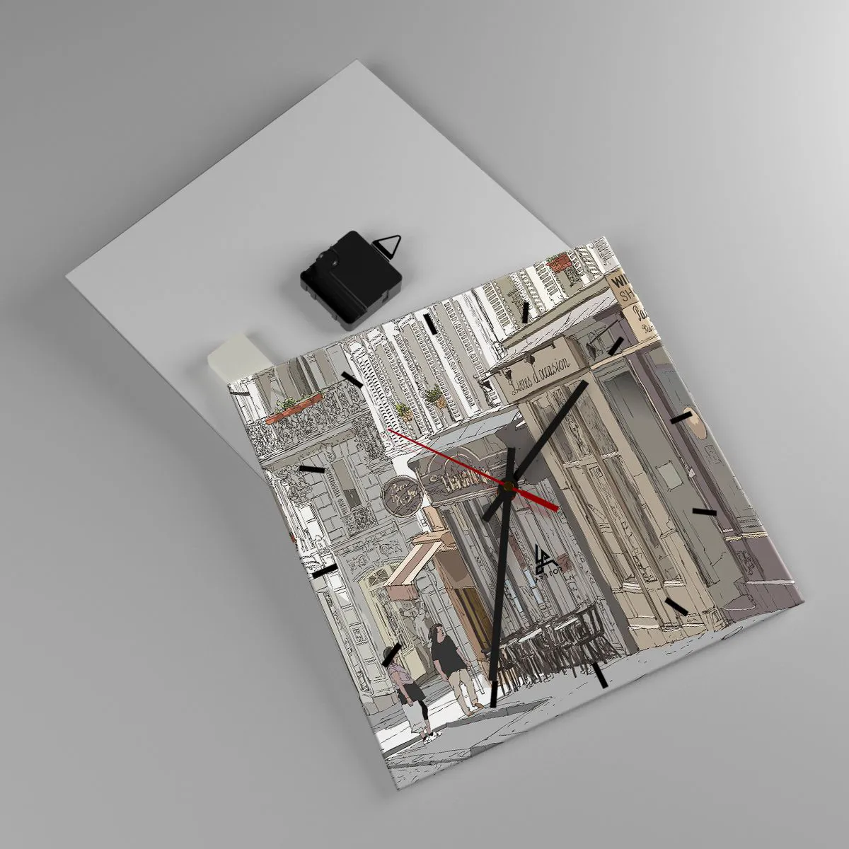 Reloj de pared - Reloj de vidrio - Ilustración de una calle de la ciudad con cafés y tiendas. - 30x30cm - Alegrías urbanas - Decoración de pared moderna para salón y dormitorio ARTTOR