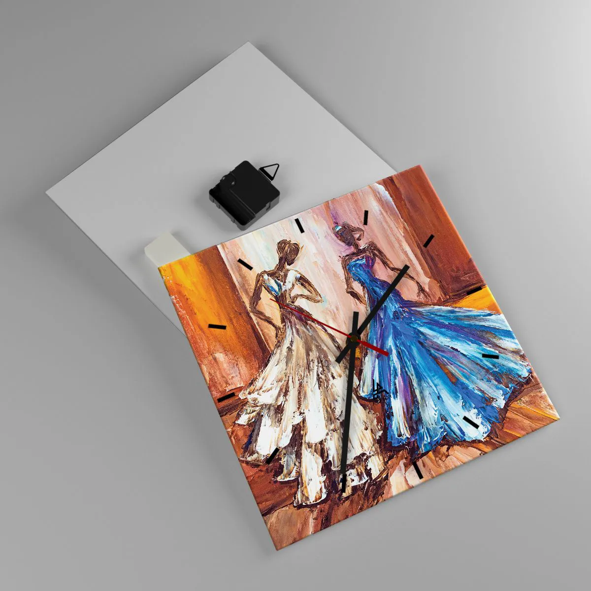 Wanduhr - Glasuhr - Figuren in Abendkleidern im künstlerischen Stil - 30x30cm - Ein dankbares Duo - Moderne Wanddekoration für Wohnzimmer und Schlafzimmer ARTTOR