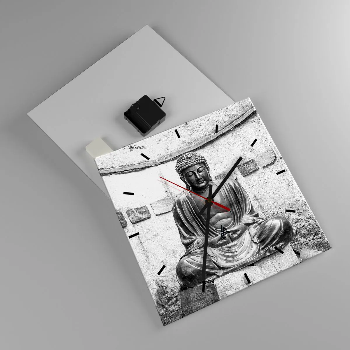 Wanduhr - Glasuhr - Schwarz-weiße Buddha-Statue in meditativer Pose - 30x30cm - An der Quelle des Friedens - Moderne Wanddekoration für Wohnzimmer und Schlafzimmer ARTTOR