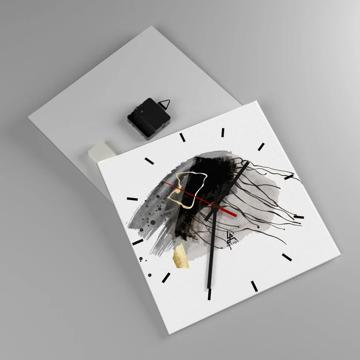 Wanduhr - Glasuhr - Eine abstrakte Komposition mit Akzenten in Schwarz und Gold. - 30x30cm - In Schwarz und Gold - Moderne Wanddekoration für Wohnzimmer und Schlafzimmer ARTTOR