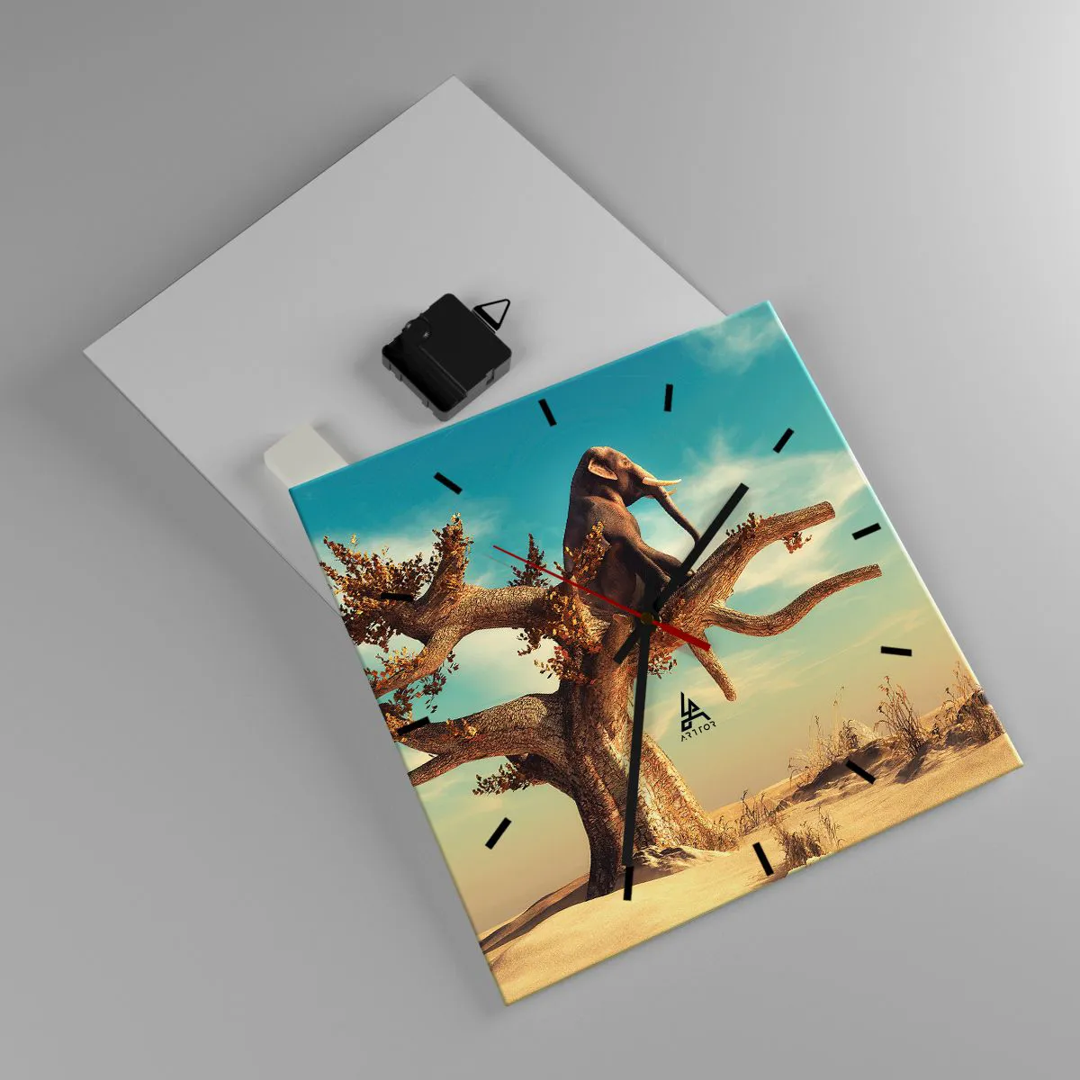 Reloj de pared - Reloj de vidrio - Un elefante sentado en un árbol en un paisaje surrealista. - 30x30cm - Un nuevo punto de vista - Decoración de pared moderna para salón y dormitorio ARTTOR