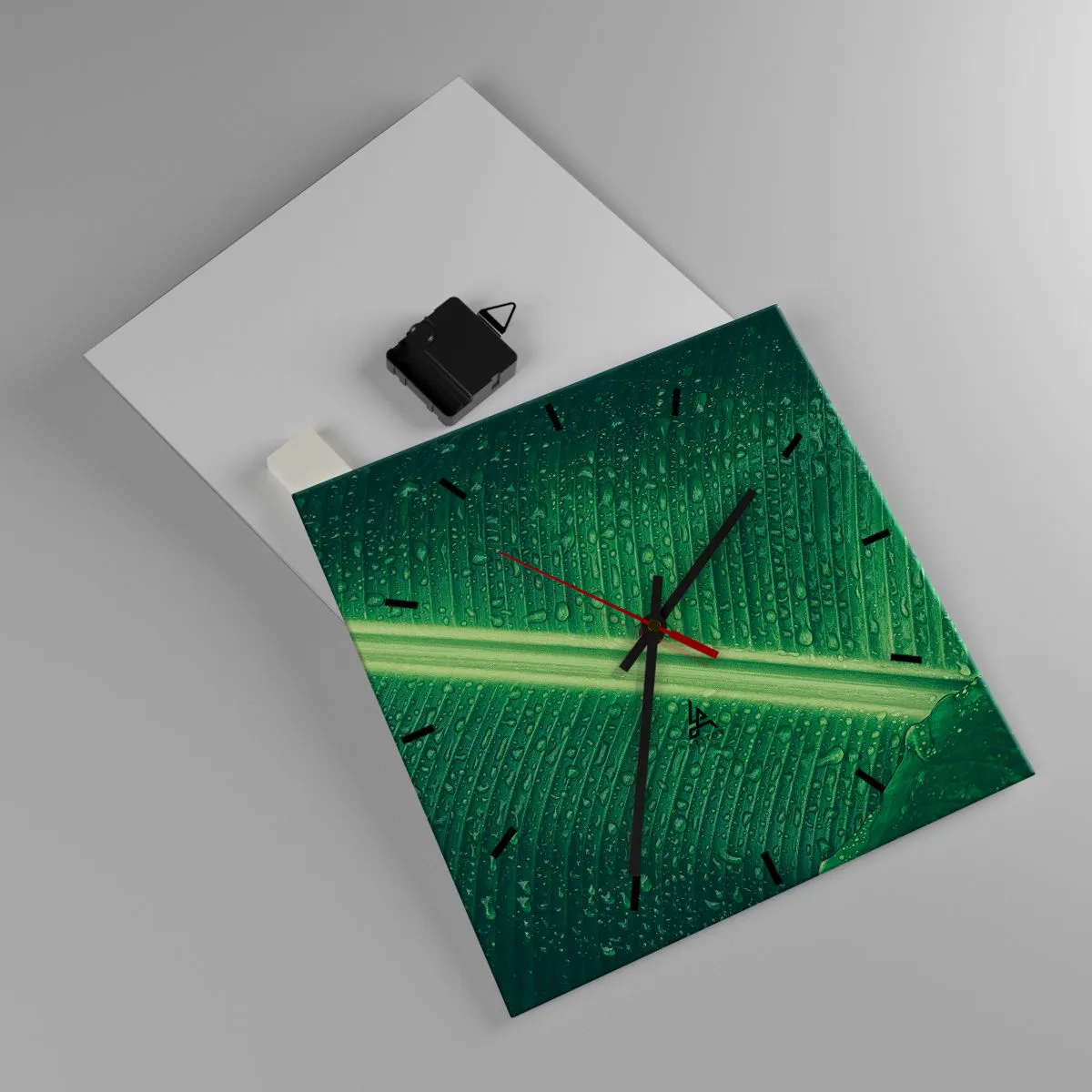 Wanduhr - Glasuhr - Ein grünes Blatt mit Wassertropfen auf der Oberfläche - 30x30cm - Die Struktur des Grüns - Moderne Wanddekoration für Wohnzimmer und Schlafzimmer ARTTOR